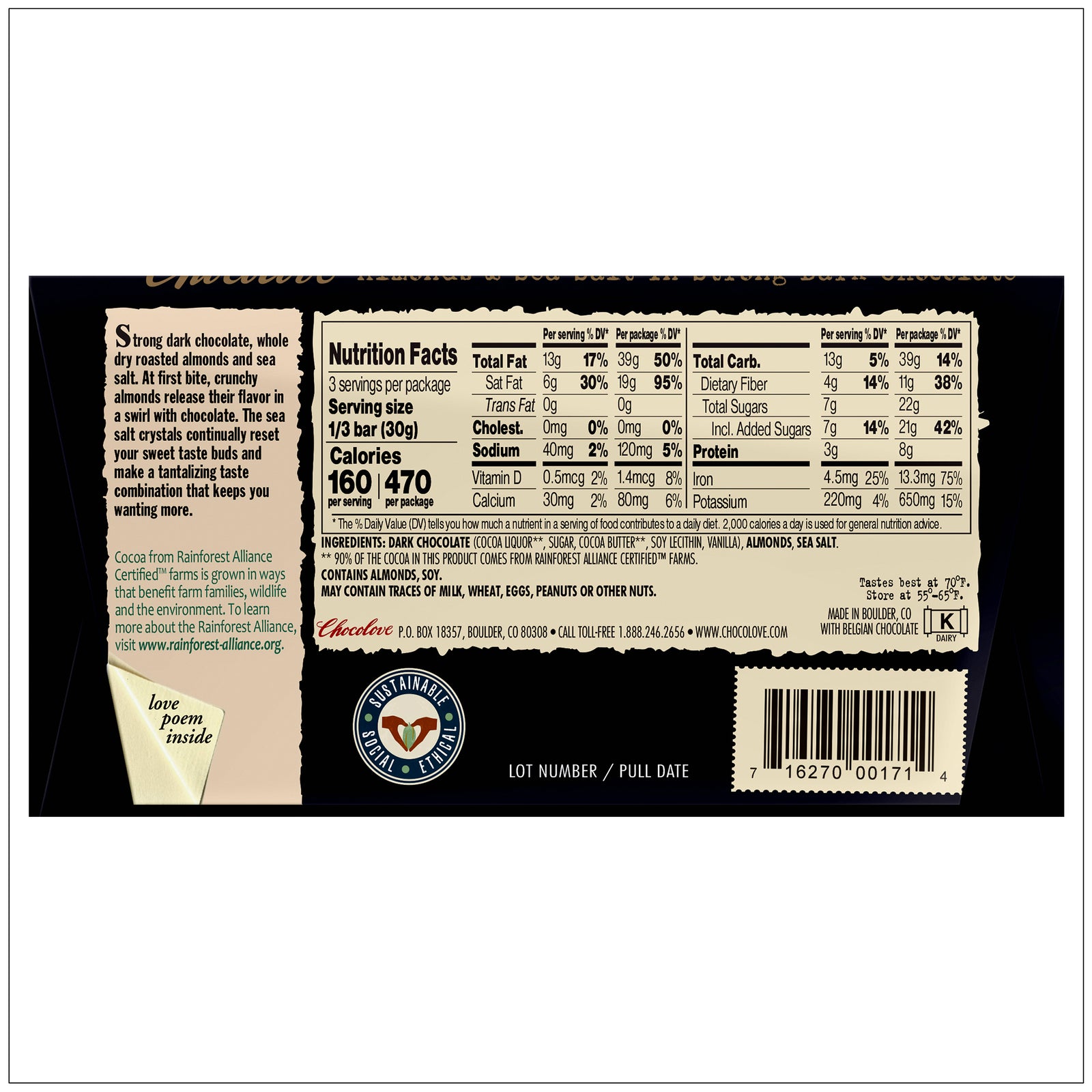 Crunchy almonds and sea salt pieces in rich, strong dark chocolate—perfect gourmet treat for chocolate lovers. It from the health food store in the USA - Alive Herbals.