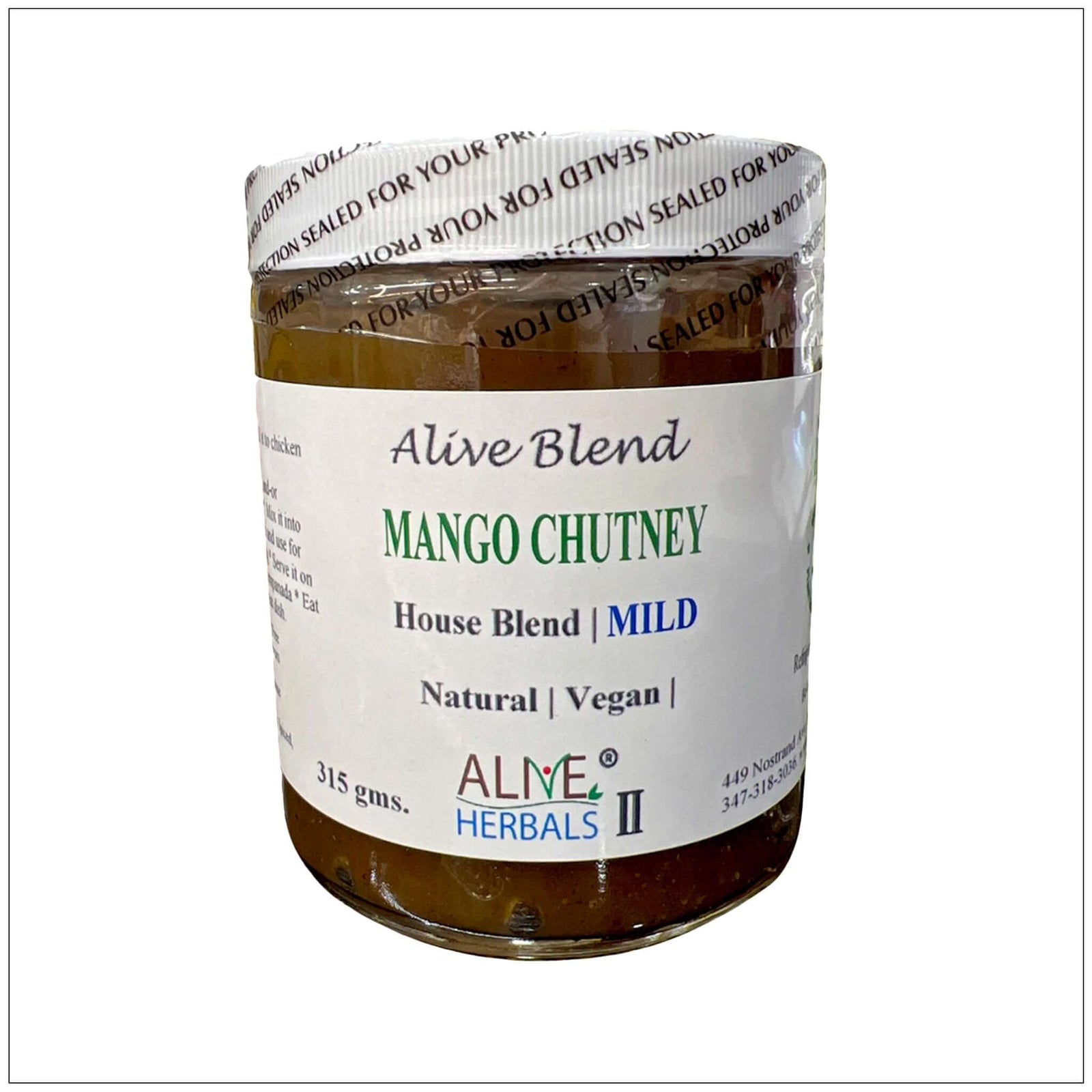 Sweet and tangy Mango Chutney Mild in a glass jar, perfect as a dip or spread for snacks and meals. Buy from the Alive Herbals.