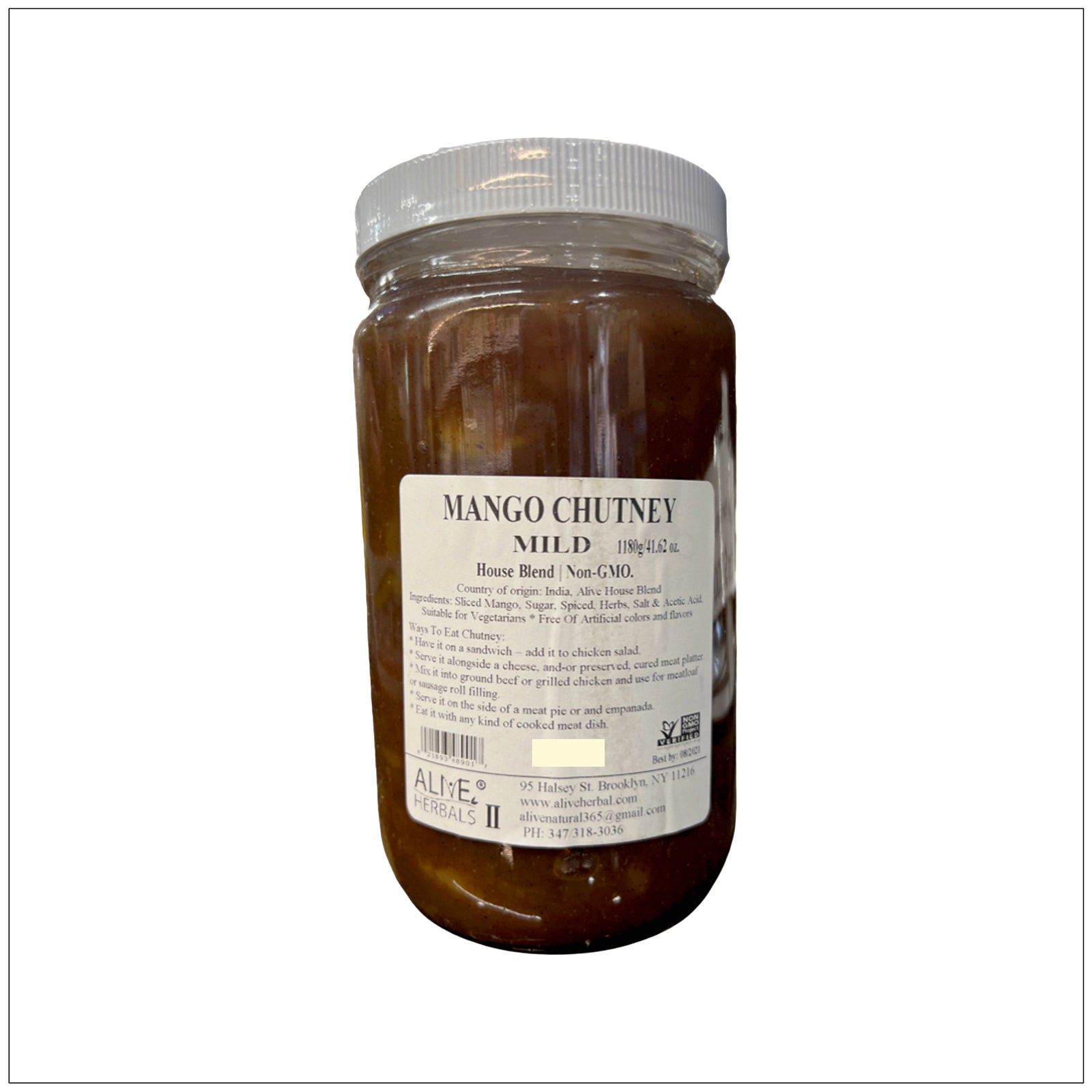 Sweet and tangy Mango Chutney Mild in a glass jar, perfect as a dip or spread for snacks and meals. Buy from the health food store in the USA.