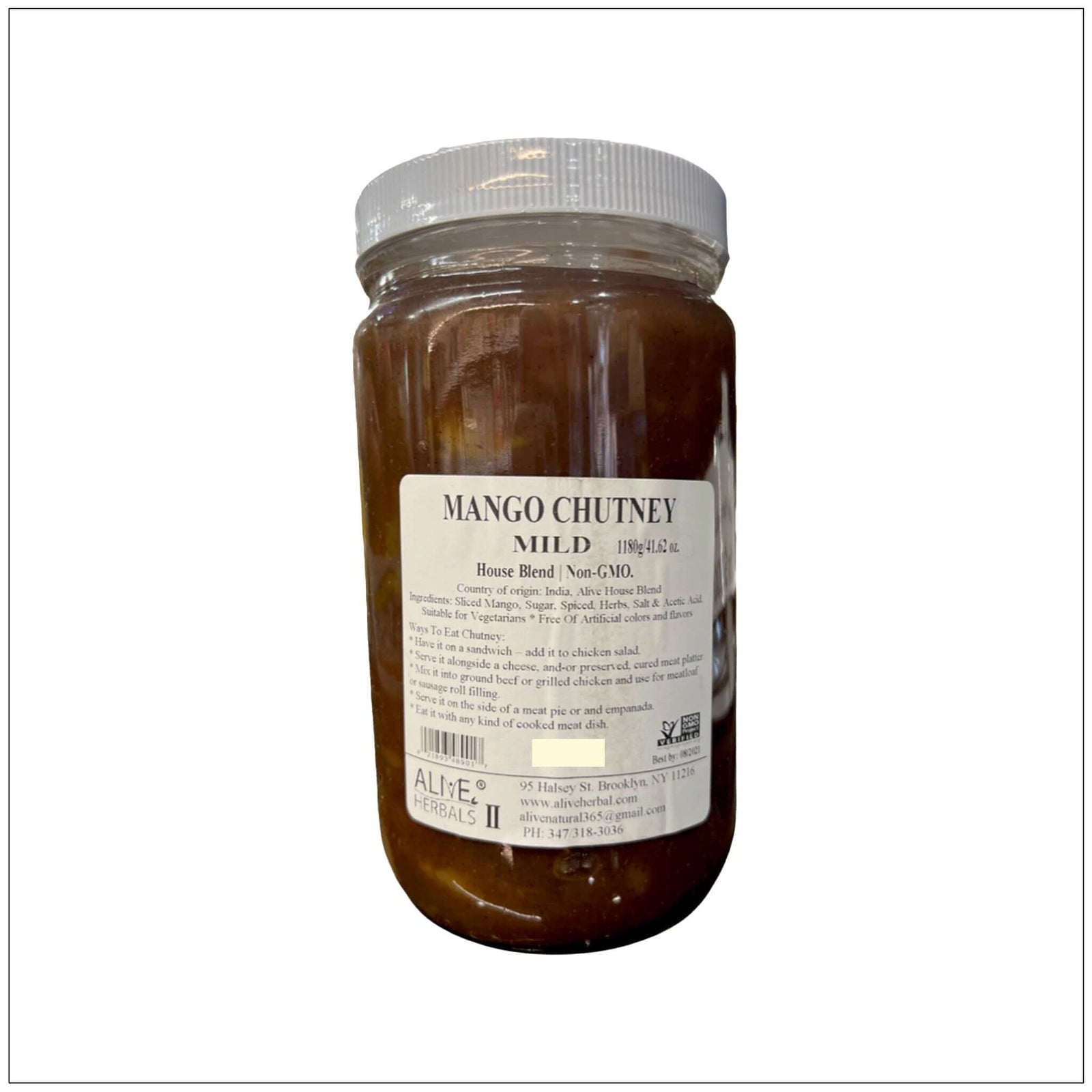 Sweet and tangy Mango Chutney Mild in a glass jar, perfect as a dip or spread for snacks and meals. Buy from the health food store in the USA.