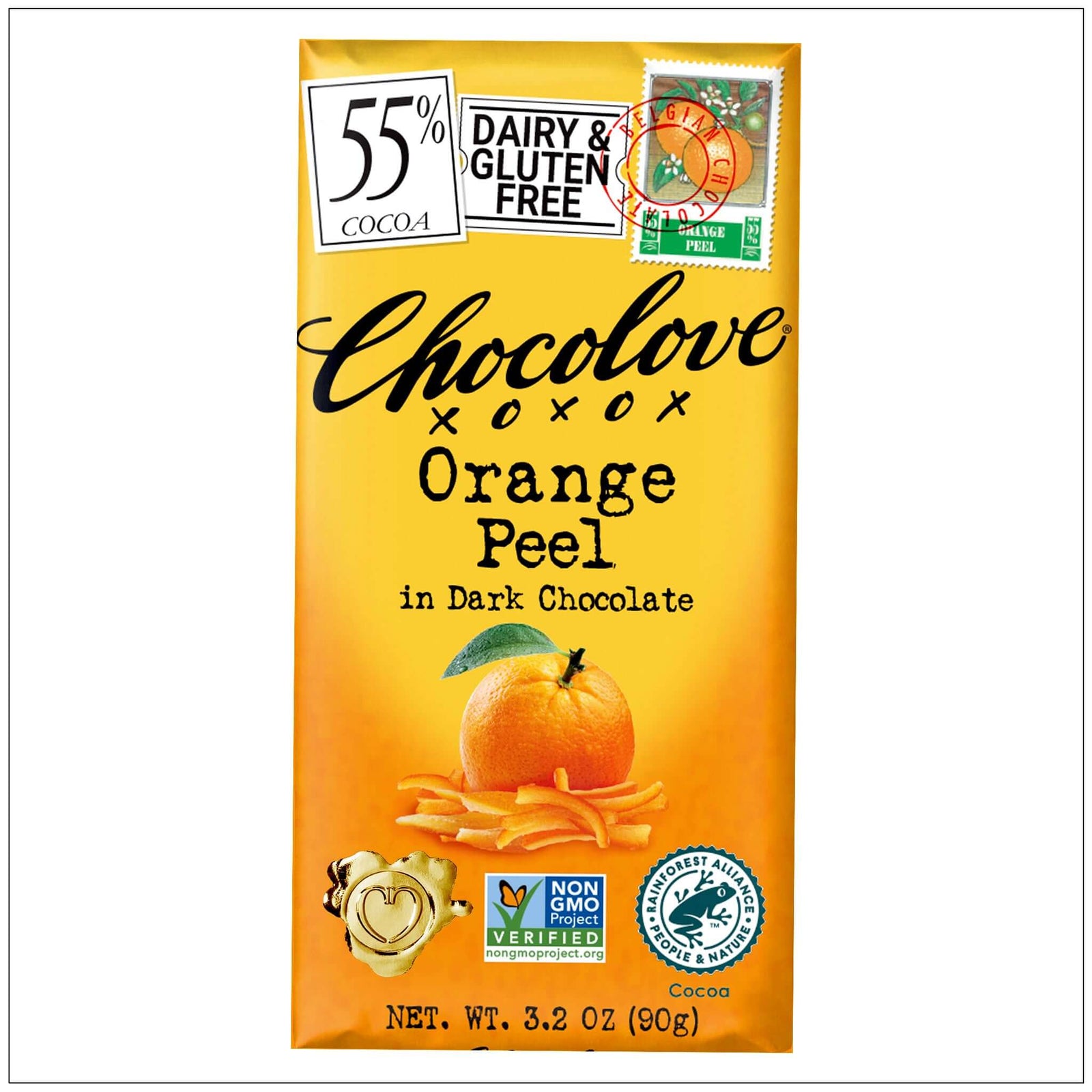 Rich dark chocolate-coated orange peels offering a zesty citrus flavor with a smooth, bittersweet finish.