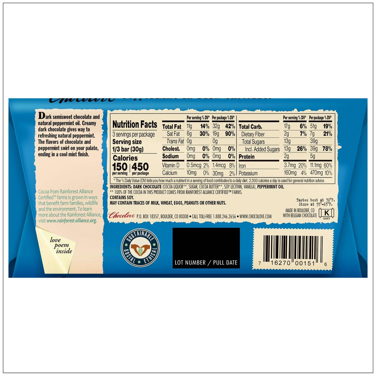 Smooth dark chocolate infused with refreshing peppermint for a rich and minty indulgent treat. Buy it Alive Herbals.