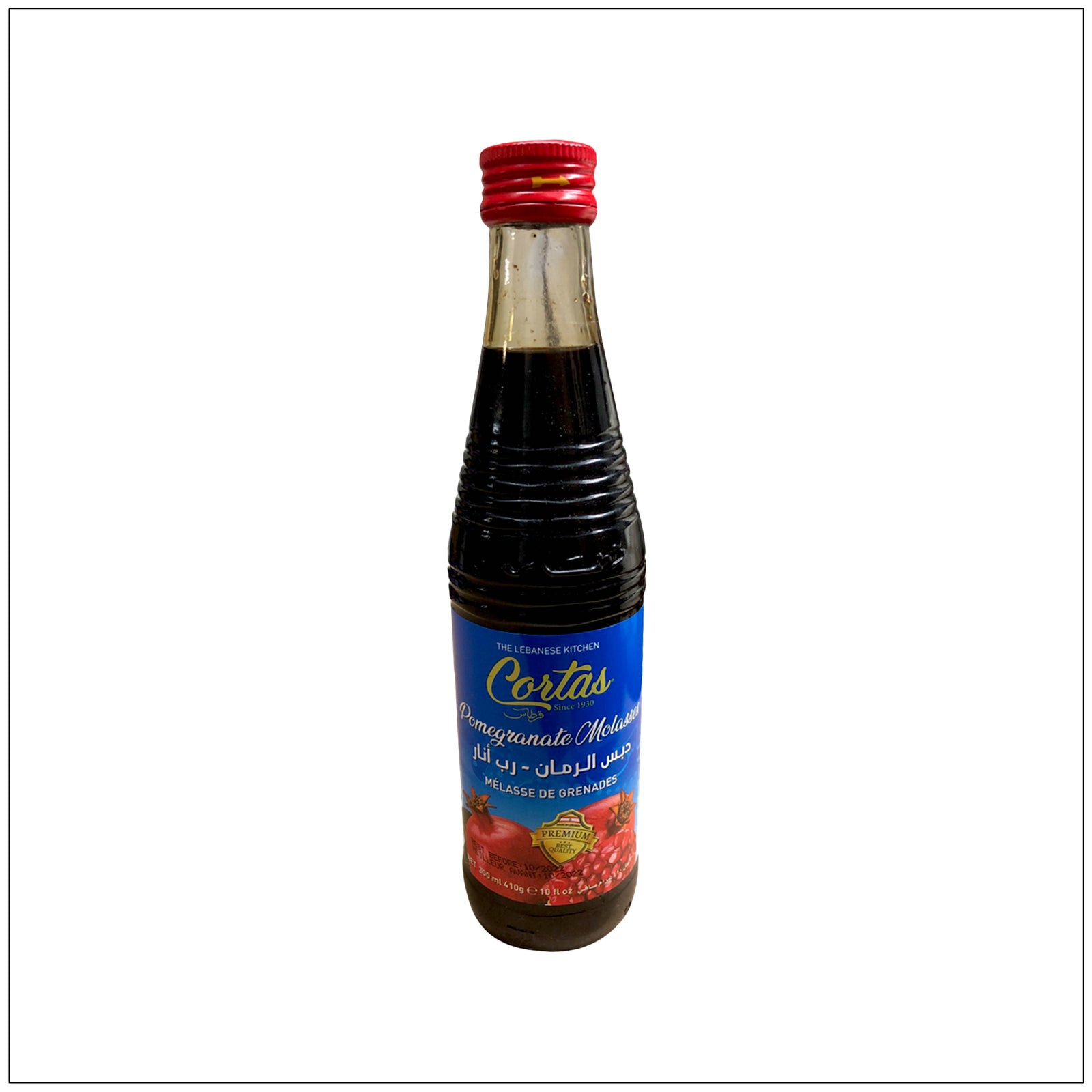 Bottle of Cortas Pomegranate Molasses, rich in flavor and perfect for cooking or salad dressings. Buy from the Alive Herbals.