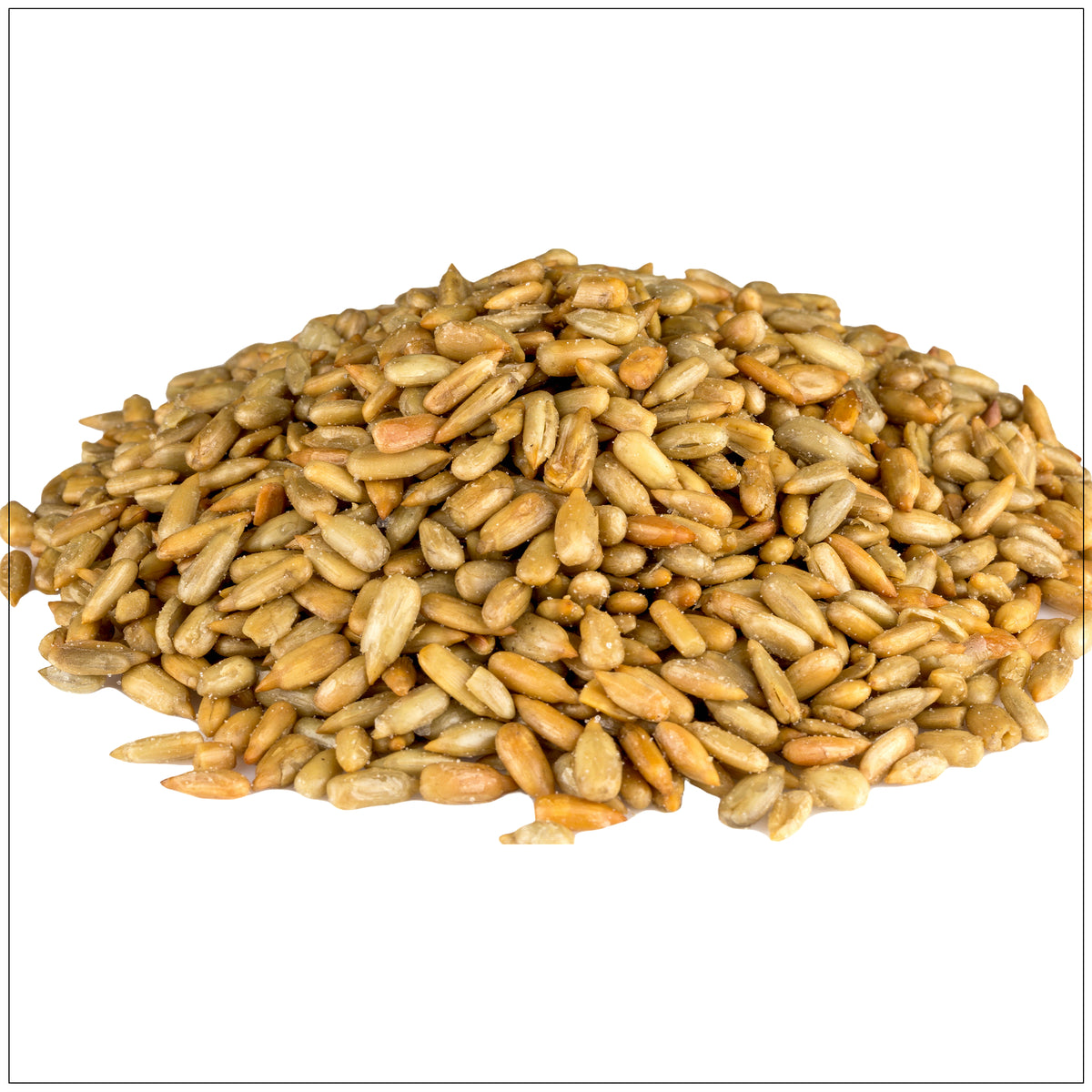 A close-up of roasted salted sunflower seeds, showing their golden-brown shells with a light salt coating on the surface.