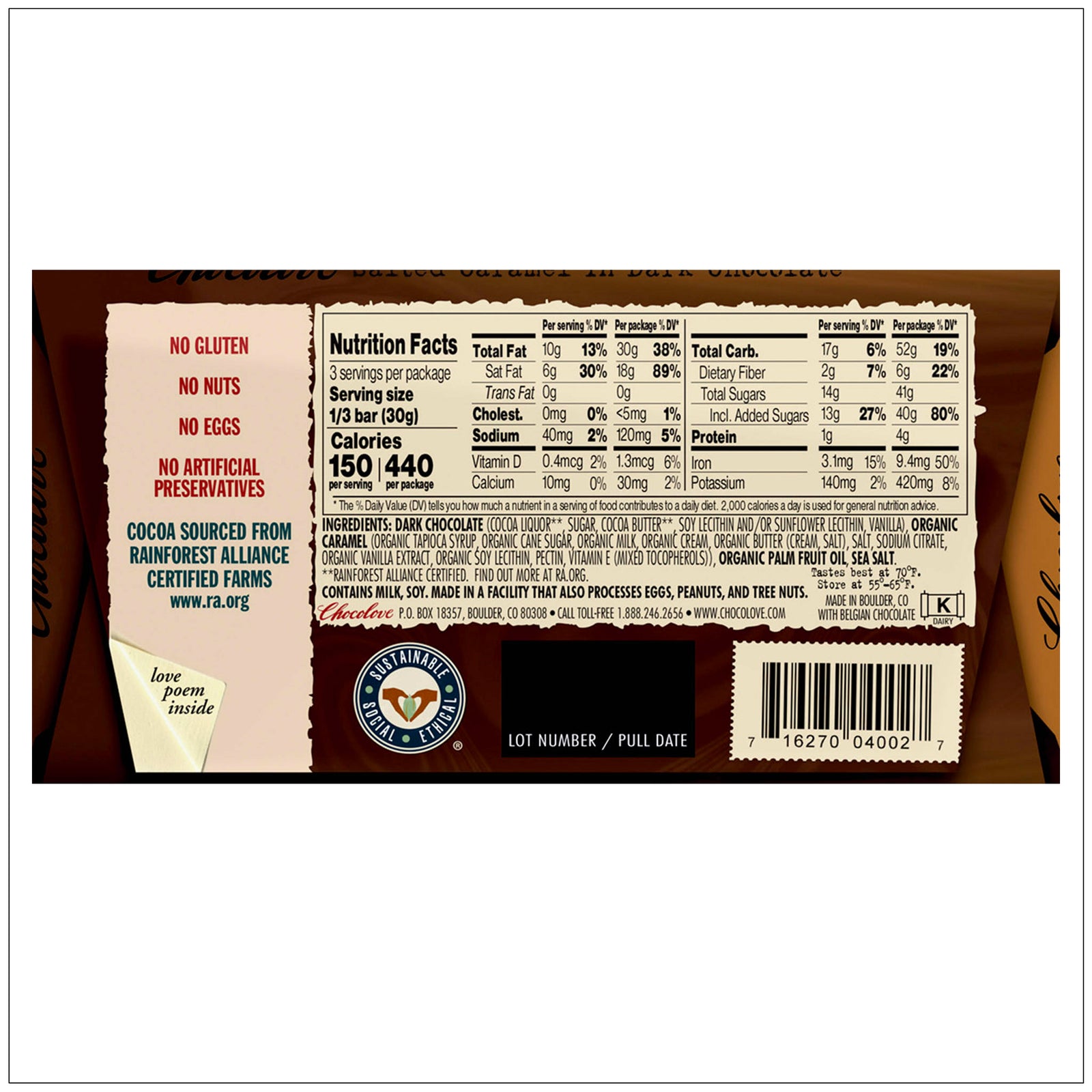 Rich dark chocolate filled with gooey salted caramel for a luxurious sweet and salty indulgence. Buy it from the health food store in the USA - Alive Herbals.
