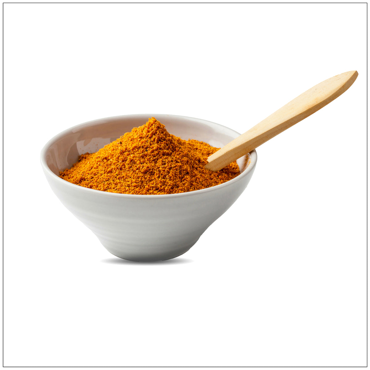 Aji Amarillo Powder in a glass jar with vibrant golden-orange hues, a premium chili spice for authentic Peruvian cuisine, placed on a rustic wooden table with chili peppers in the background