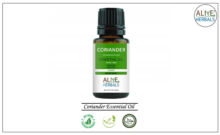 Pure coriander essential oil in an amber glass bottle—natural aromatherapy oil for relaxation and skincare.