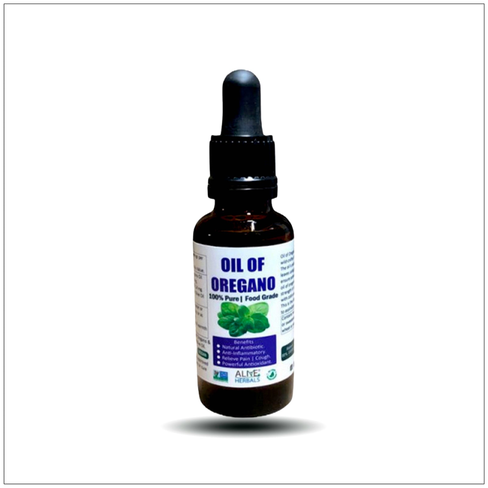 Glass bottle of pure Oil of oregano—organic, high-potency, natural immune support herbal supplement.