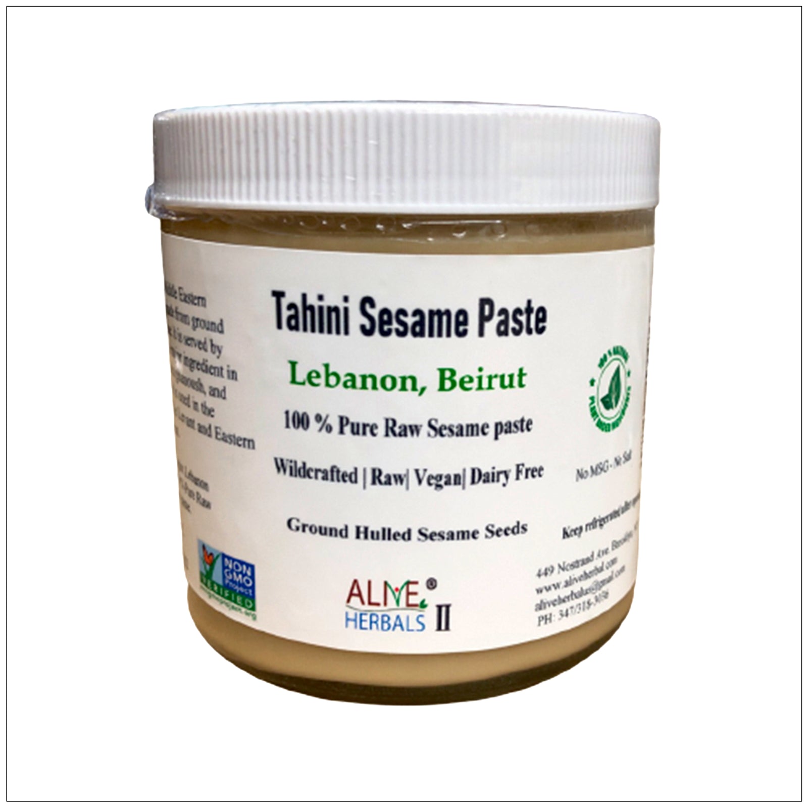 Creamy Tahini Sesame Paste in a jar by Alive Herbals, perfect for dressings, dips, and Mediterranean recipes.
