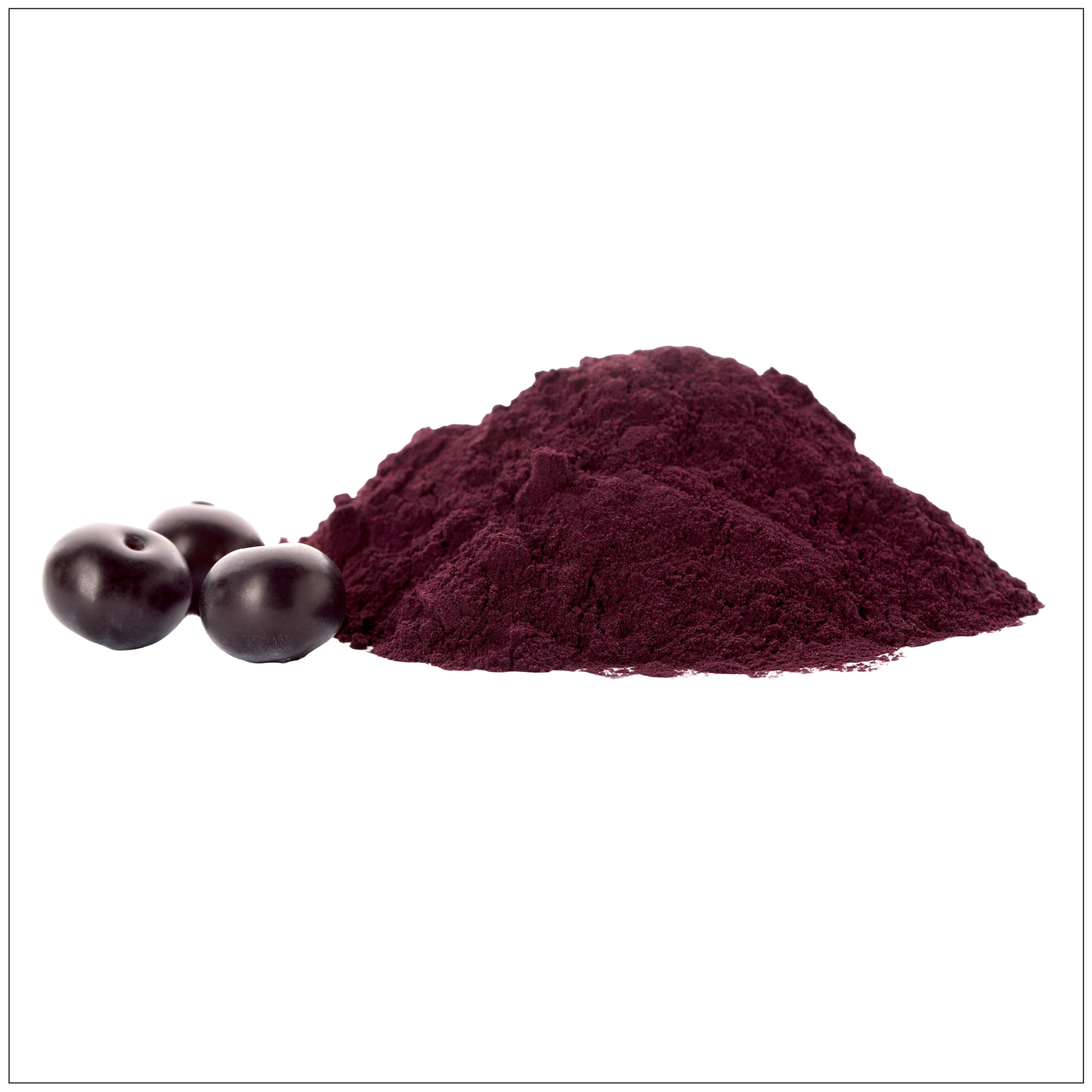acai berry powder in a bowl with fresh berries on a wooden background, rich in antioxidants