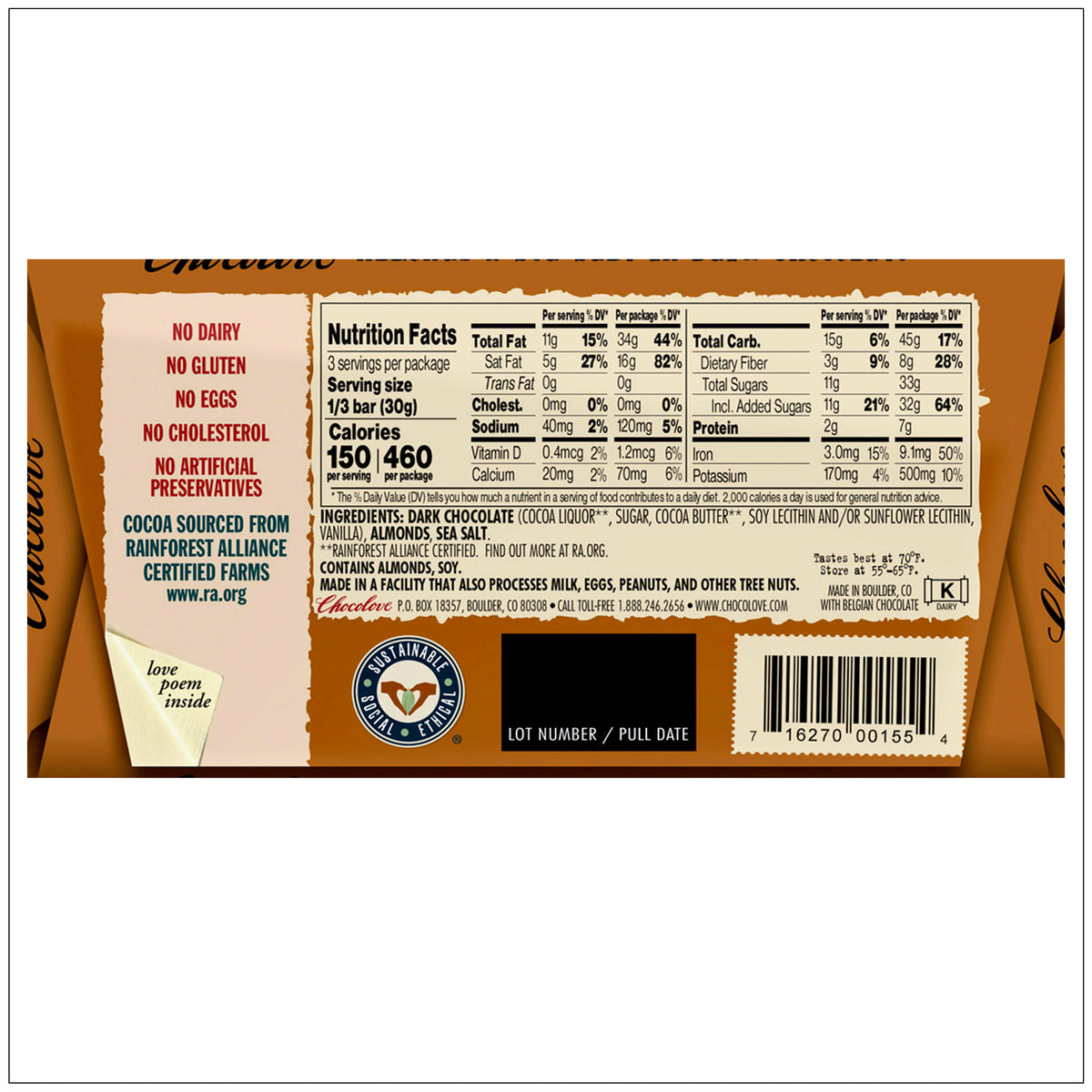 Rich dark chocolate with crunchy almonds and sea salt pieces, a delicious and satisfying sweet-savory snack. Buy it from the Alive Herbals.

