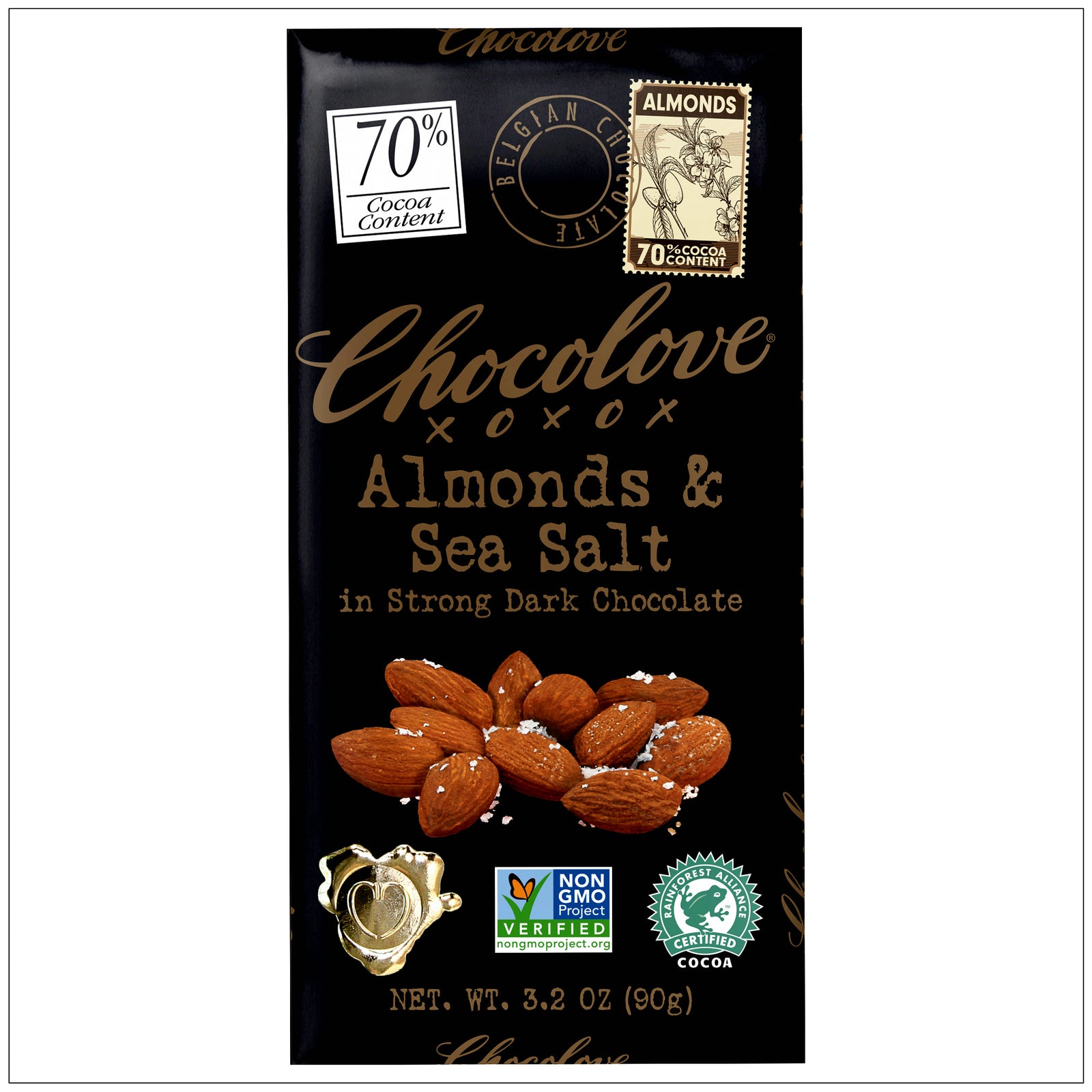 Crunchy almonds and sea salt pieces in rich, strong dark chocolate—perfect gourmet treat for chocolate lovers.