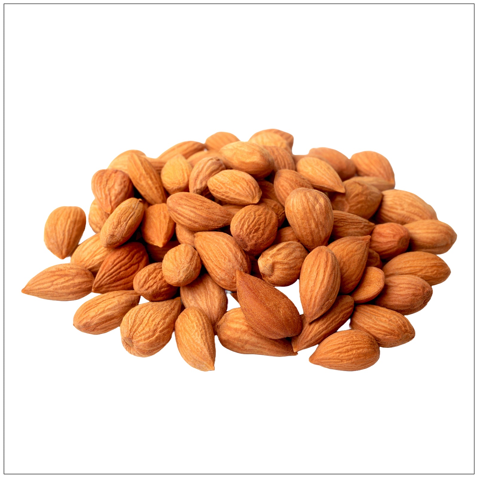 Close-up of apricot kernels, small brown seeds with a smooth, oval shape, scattered on a white background.