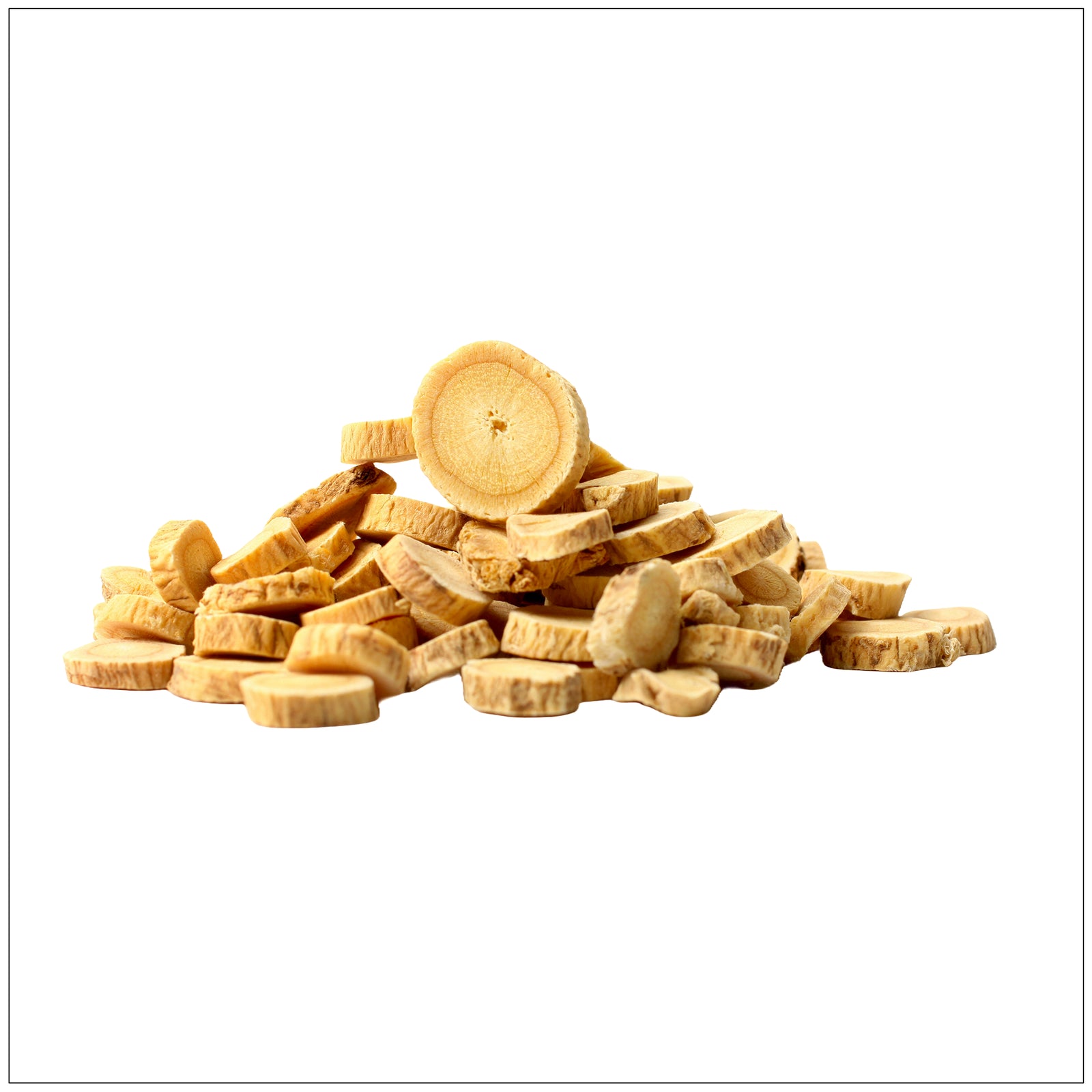 Dried astragalus root slices on a wooden surface, used in traditional herbal remedies and immune support.