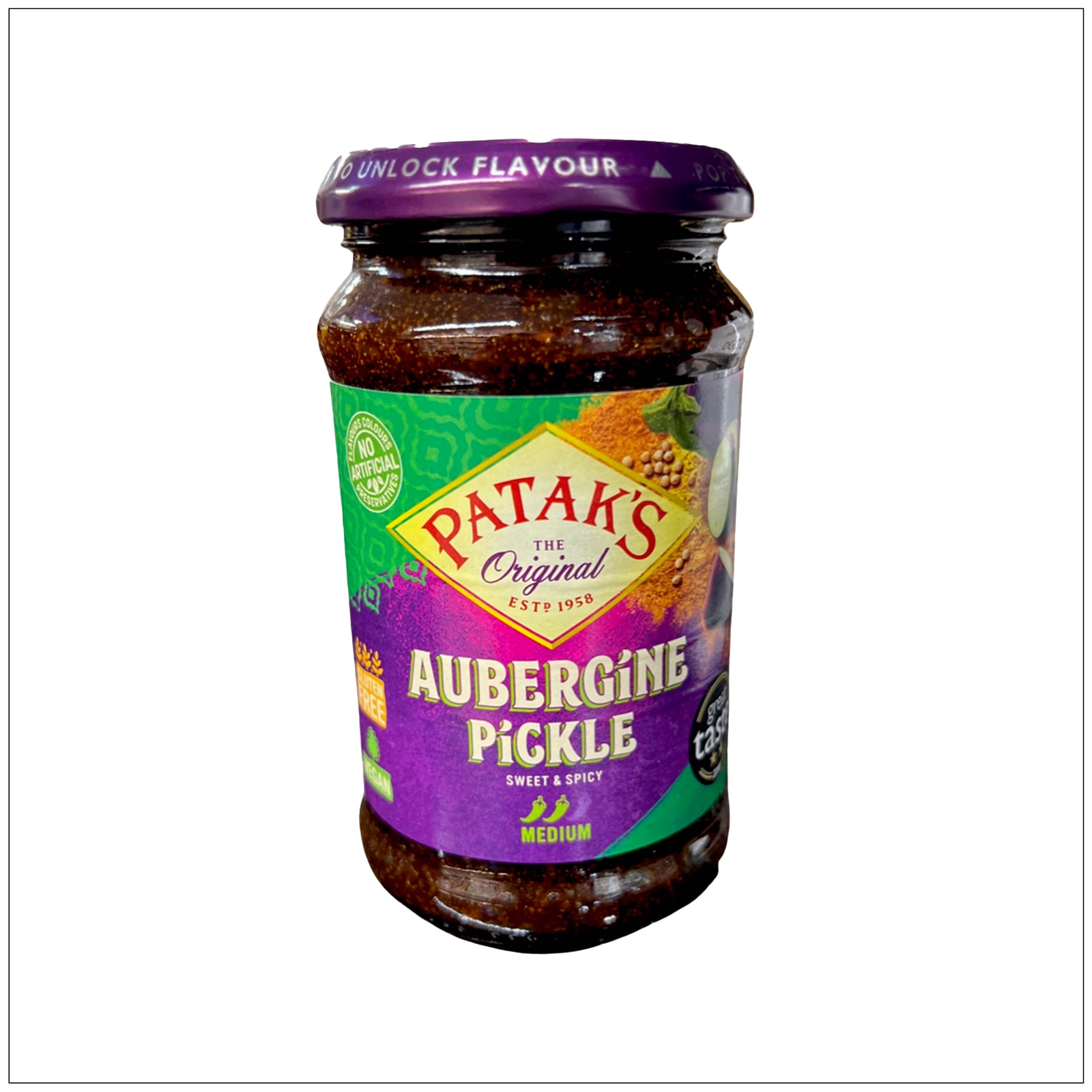 Traditional Indian-style aubergine pickle with a medium sweet taste, handcrafted and jar-packed by AliveHerbals.