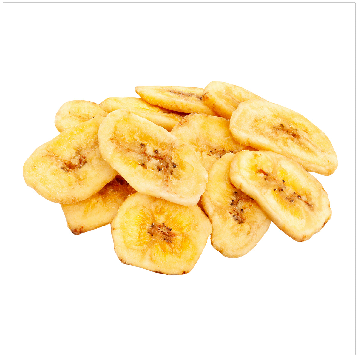 Golden crispy banana chips stacked in a pile, showcasing their crunchy texture and slightly curved shape.