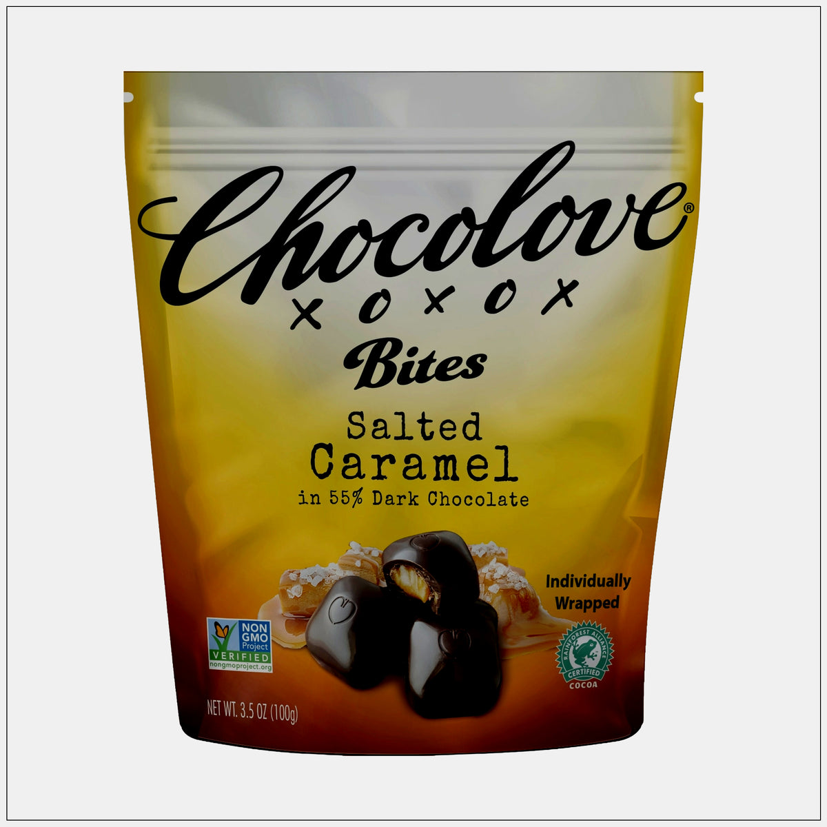 Rich dark chocolate bites filled with smooth salted caramel, perfect for a sweet and salty indulgence.