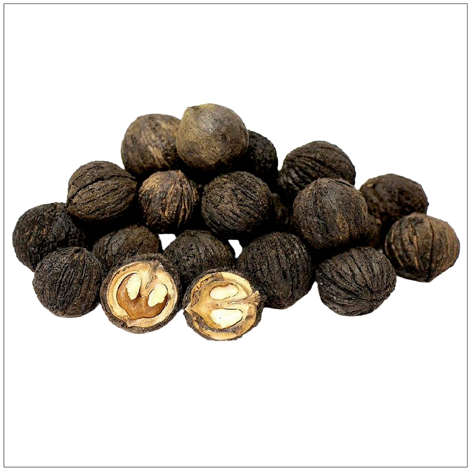 Dried black walnut hulls rich in nutrients, used in natural remedies and herbal supplements.