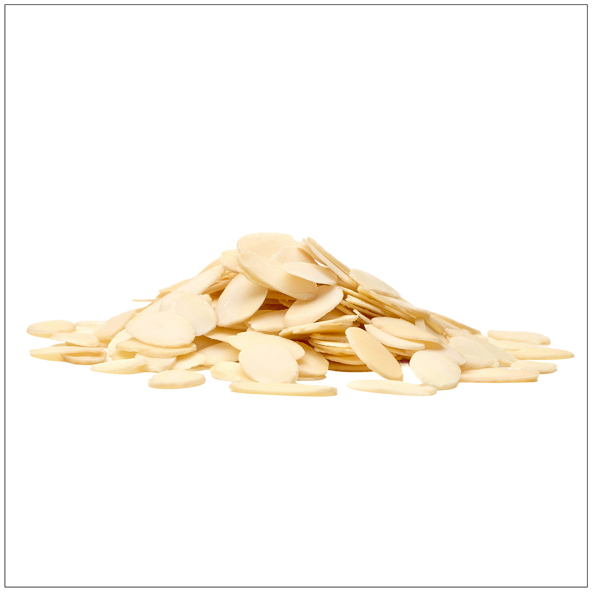 Thin, pale ivory almond slices with a smooth texture and slightly curved edges.