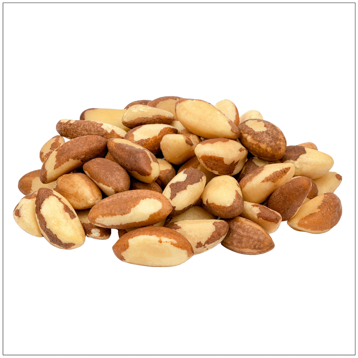 Pile of Brazil nuts with smooth, brown shells and creamy interiors, scattered on a wooden surface.