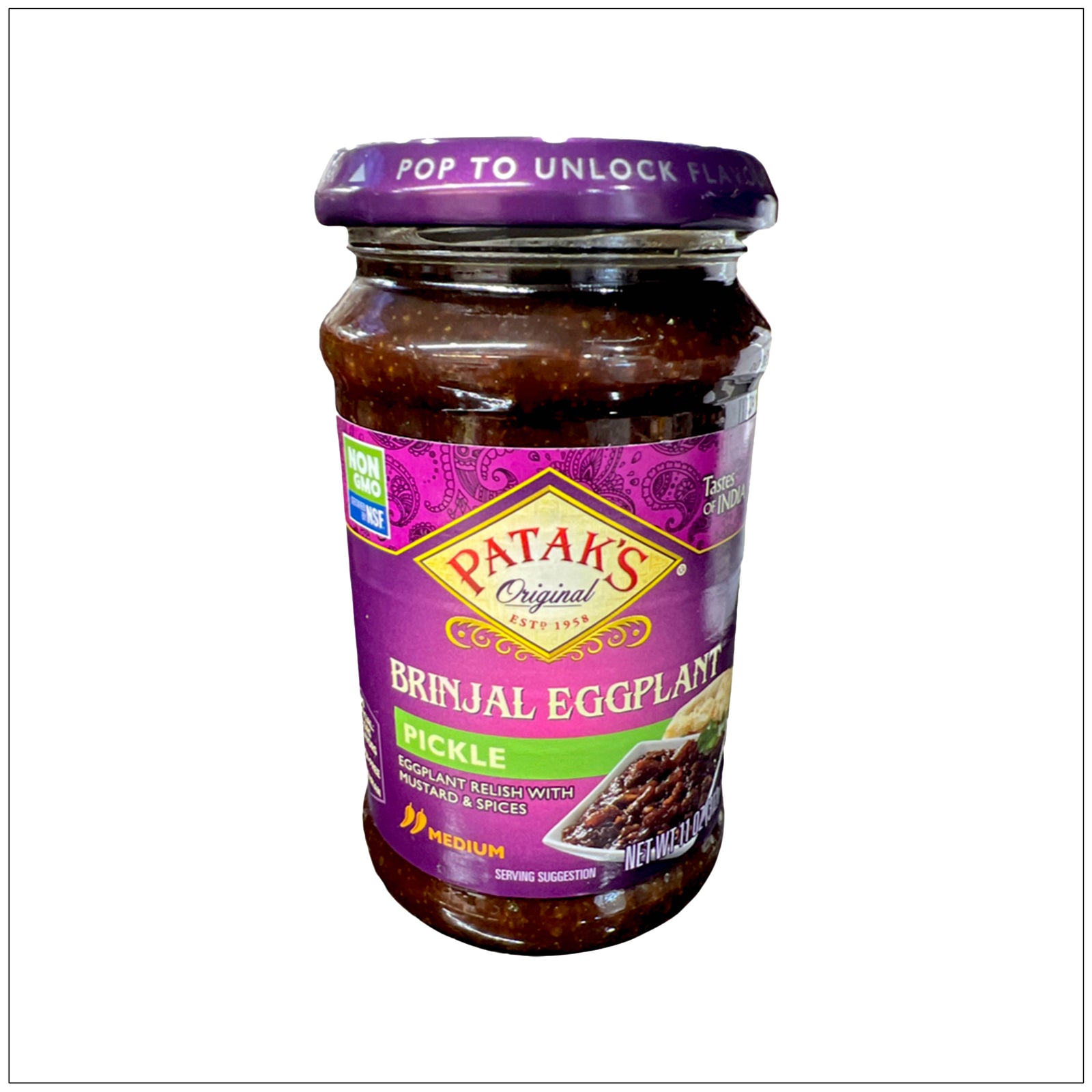 Tangy and spicy Brinjal Eggplant Pickle Medium in a glass jar, perfect for enhancing traditional Indian meals.