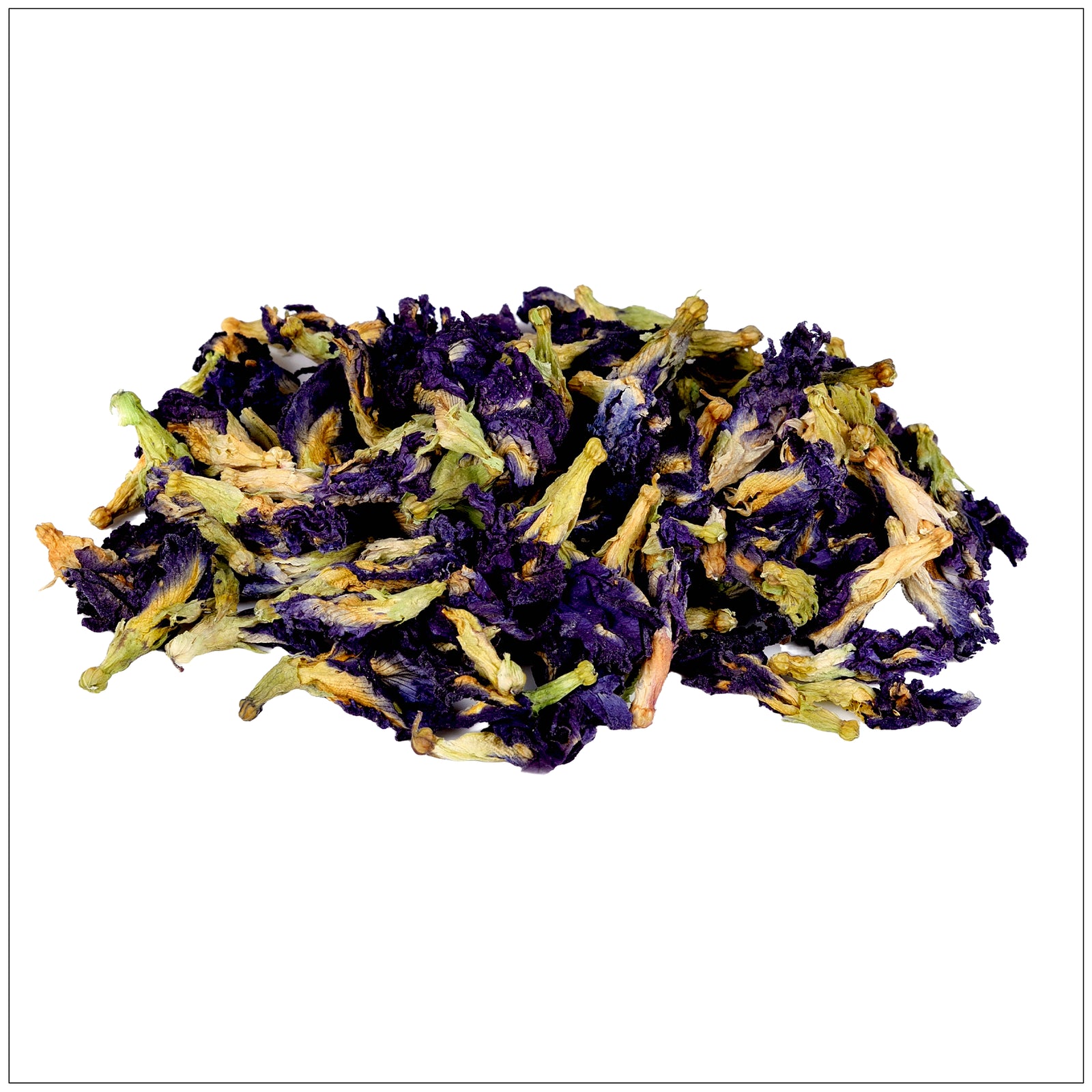 Dried butterfly pea flowers with vibrant blue petals used for tea, natural coloring, and wellness.