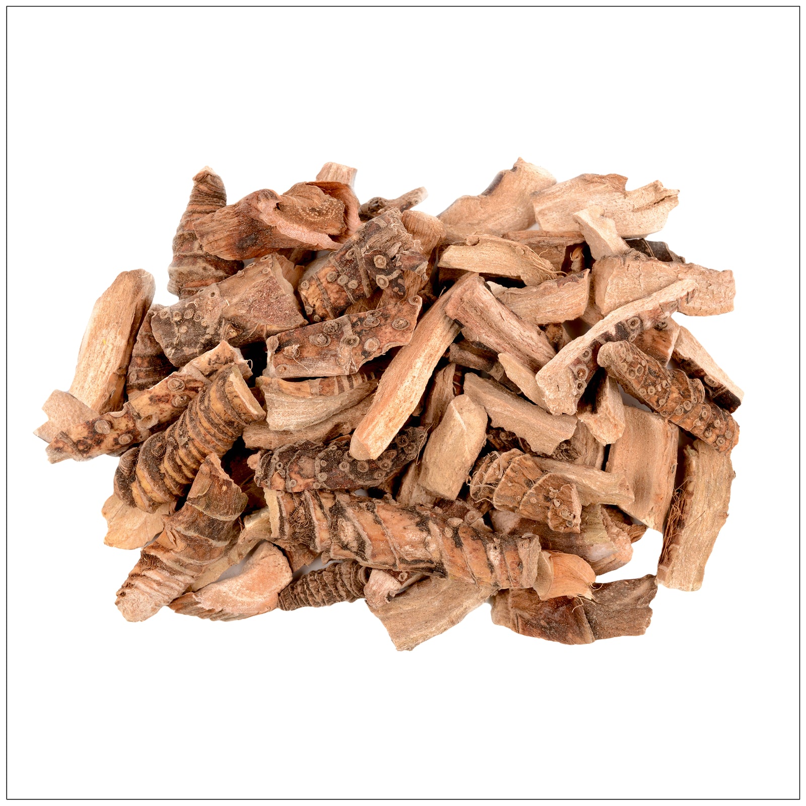Dried Calamus root pieces displayed on a wooden surface, used in traditional herbal remedies and teas.