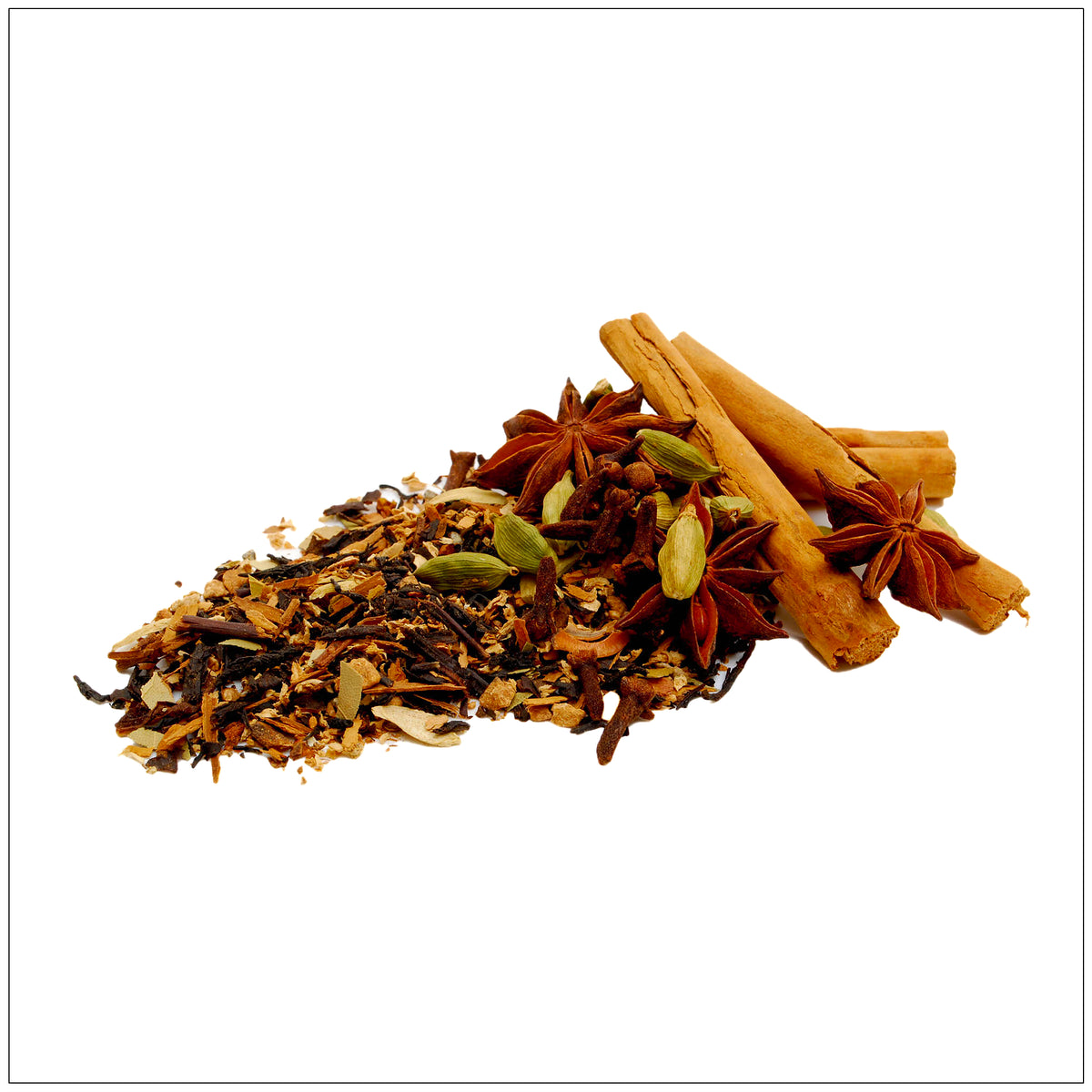A steaming cup of chai masala tea with spices like cinnamon, cardamom, and cloves on a rustic wooden table.