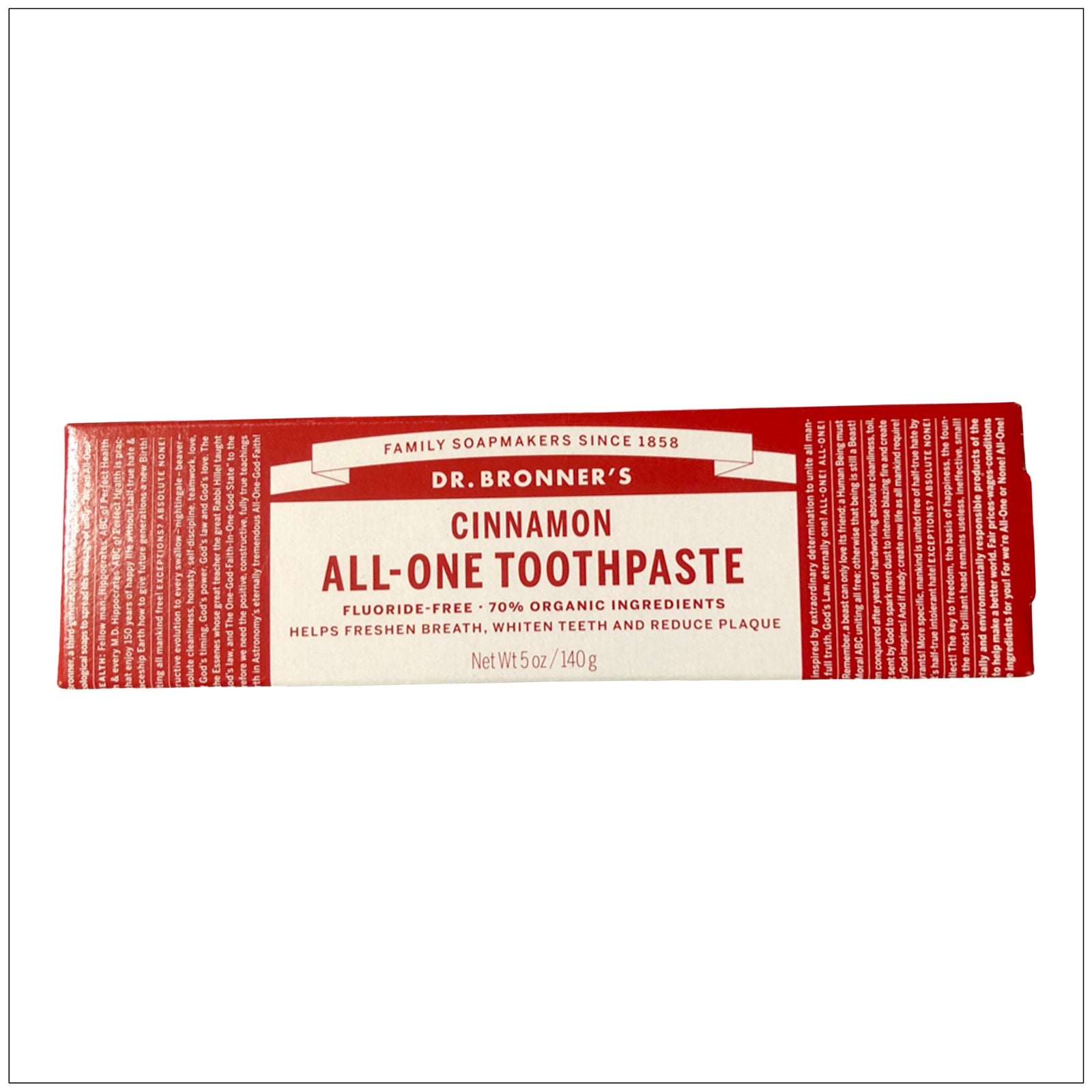 Natural Cinnamon All-One Toothpaste in eco-friendly tube, fluoride-free, vegan, and cruelty-free oral care.
