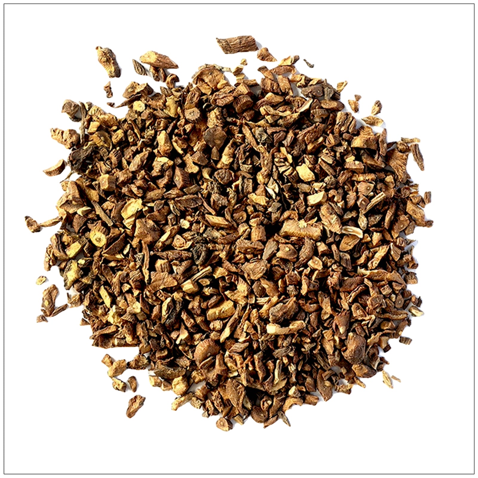 Roasted dandelion root tea in a cup with loose herbs on a wooden table, highlighting earthy wellness benefits.