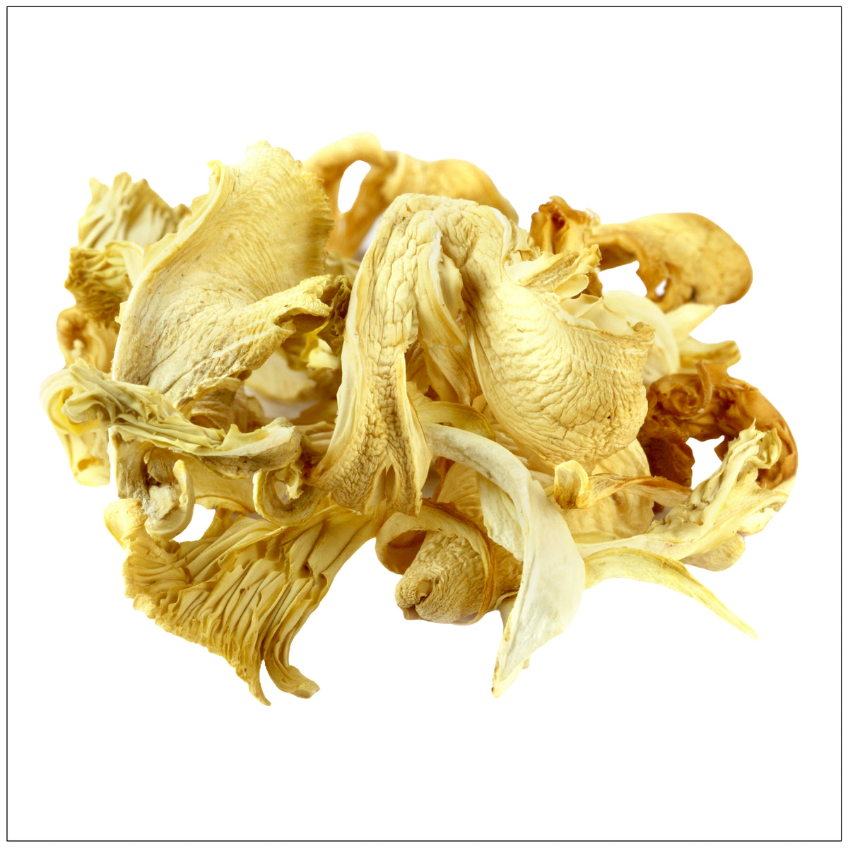 Dried oyster mushrooms on a wooden surface, ideal for soups, stir-fries, and gourmet plant-based recipes.