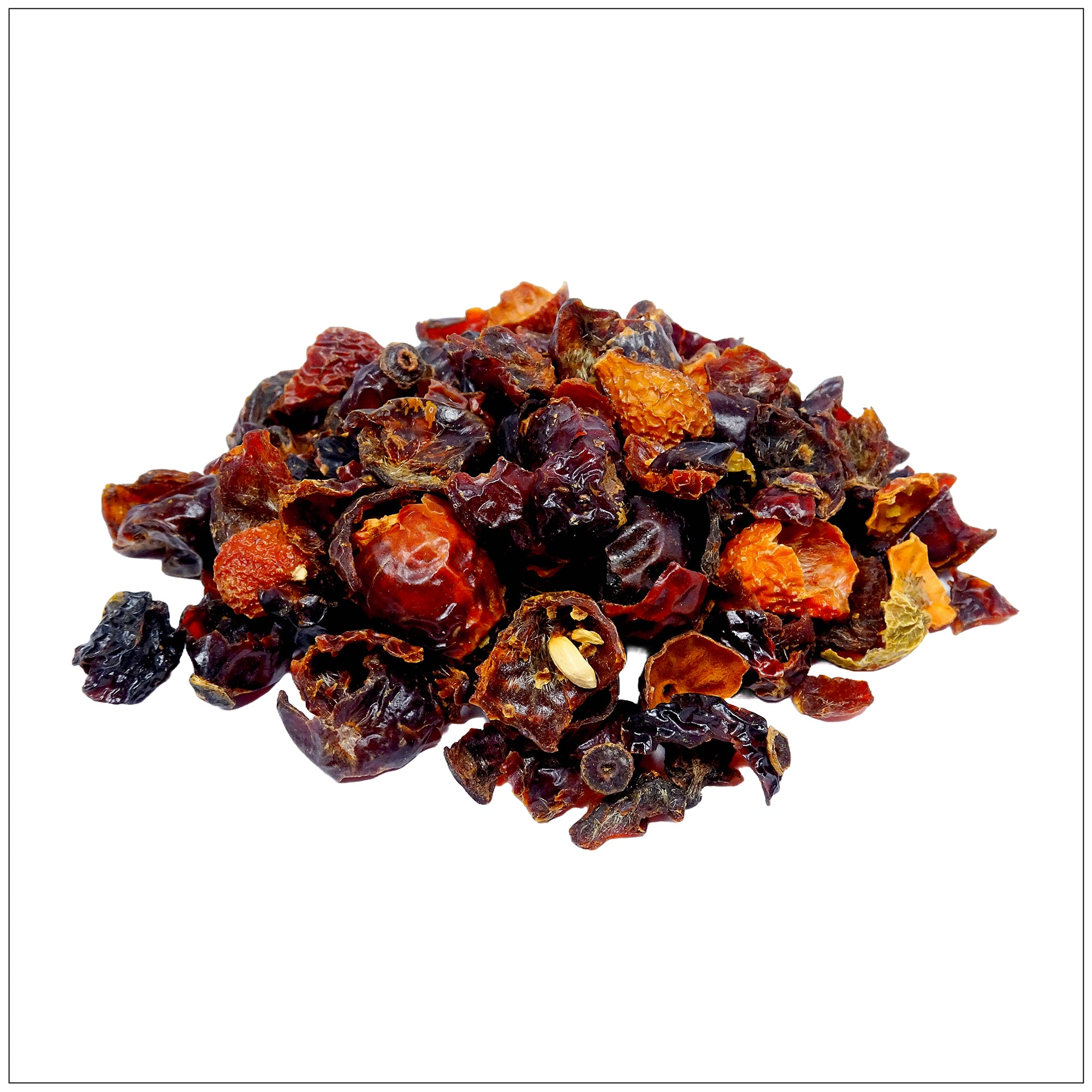Dried rosehip berries rich in vitamin C, ideal for tea, skincare, and natural immune support