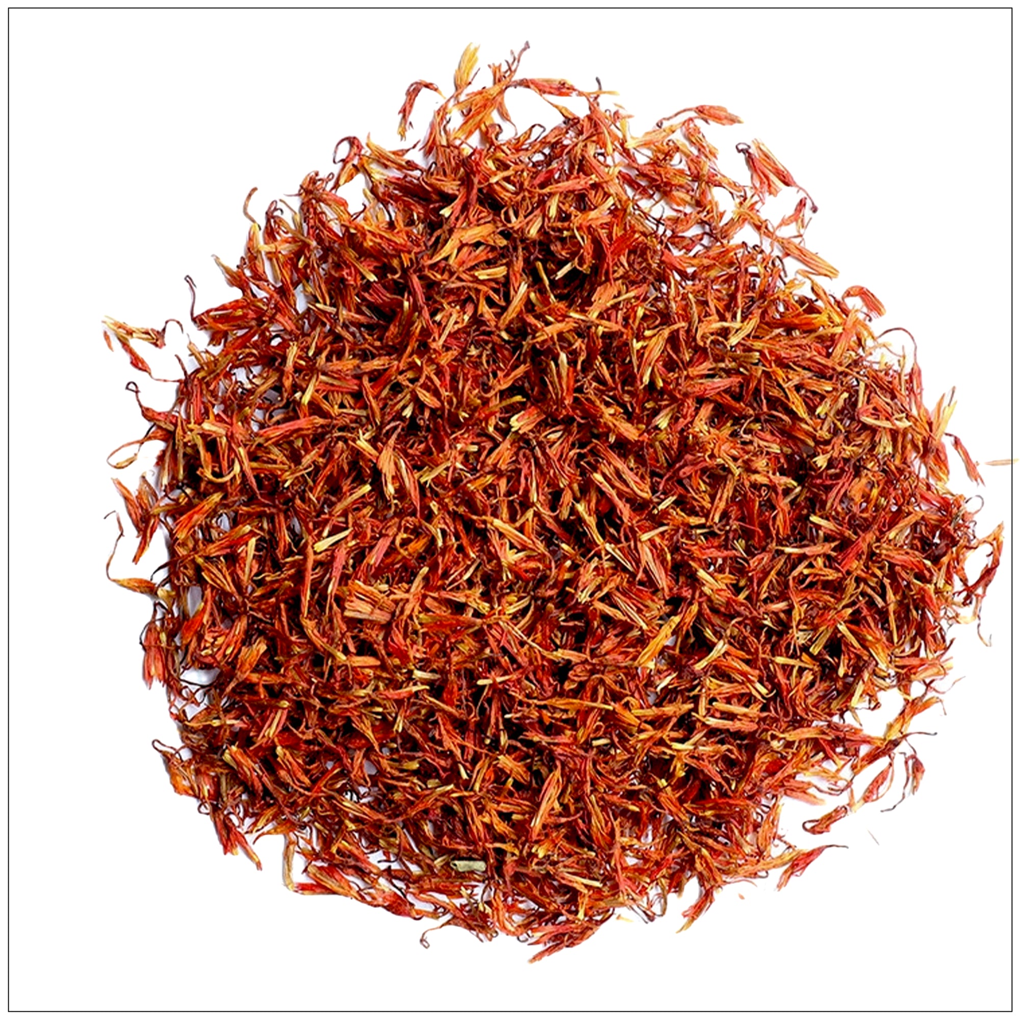 Bright red-orange dried safflower petals used for tea, natural dye, and herbal remedies.
