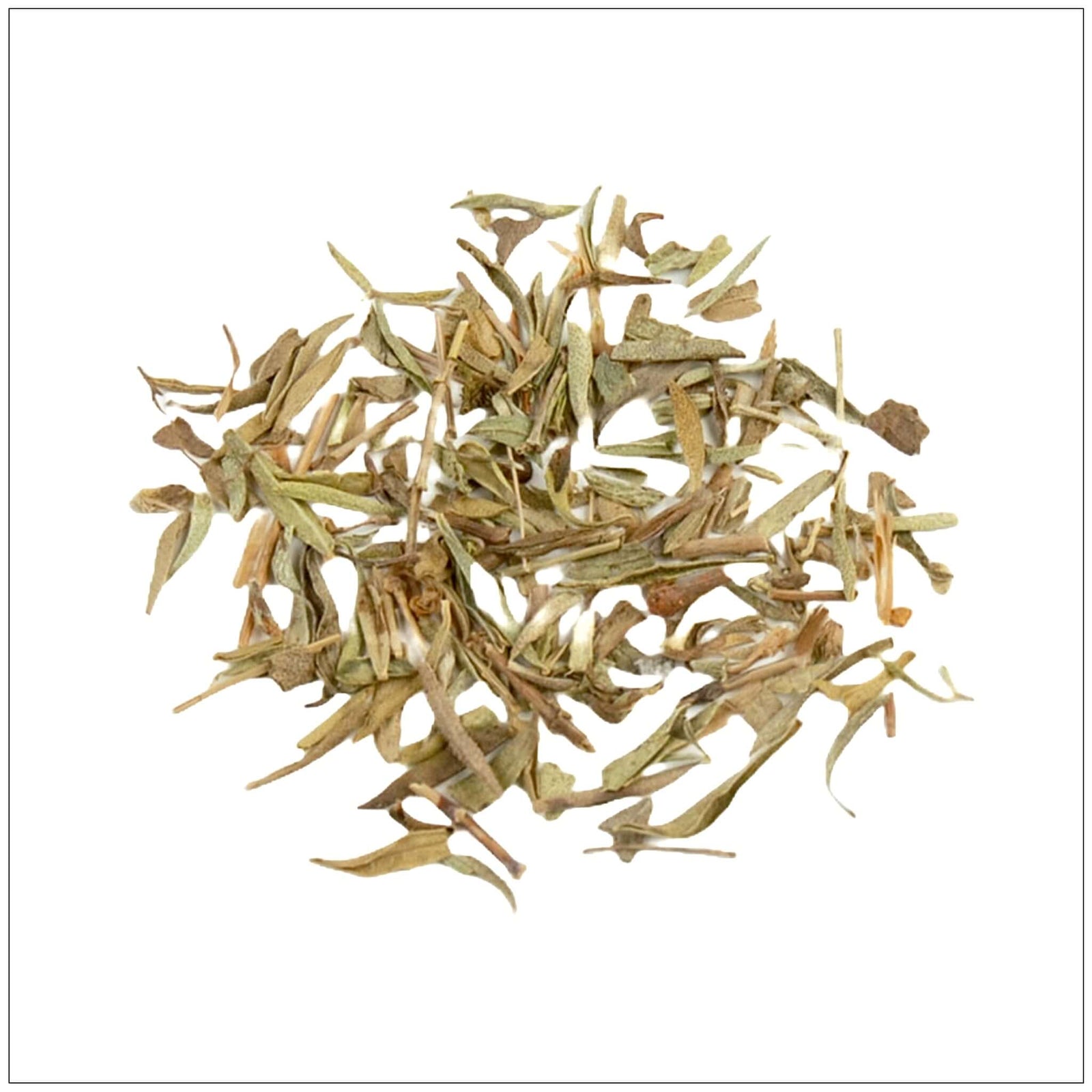 Dried savory leaves in a glass jar, perfect for seasoning meats, stews, and Mediterranean dishes.