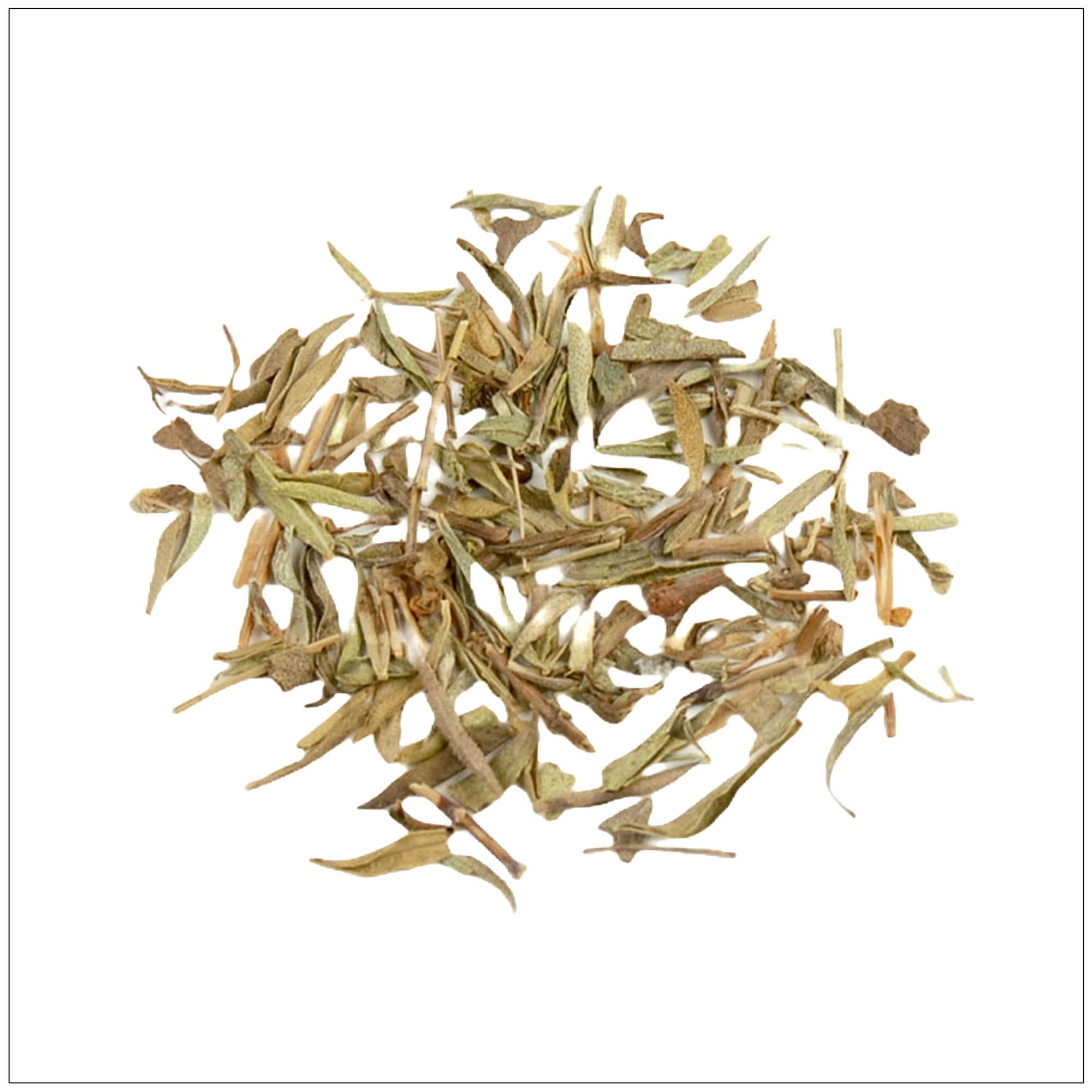 Dried savory leaves in a glass jar, perfect for seasoning meats, stews, and Mediterranean dishes.