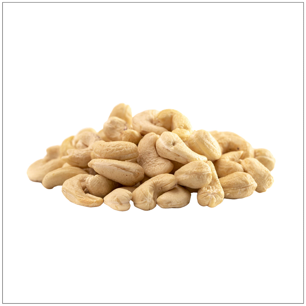 Pile of unsalted dry roasted cashews on a white background