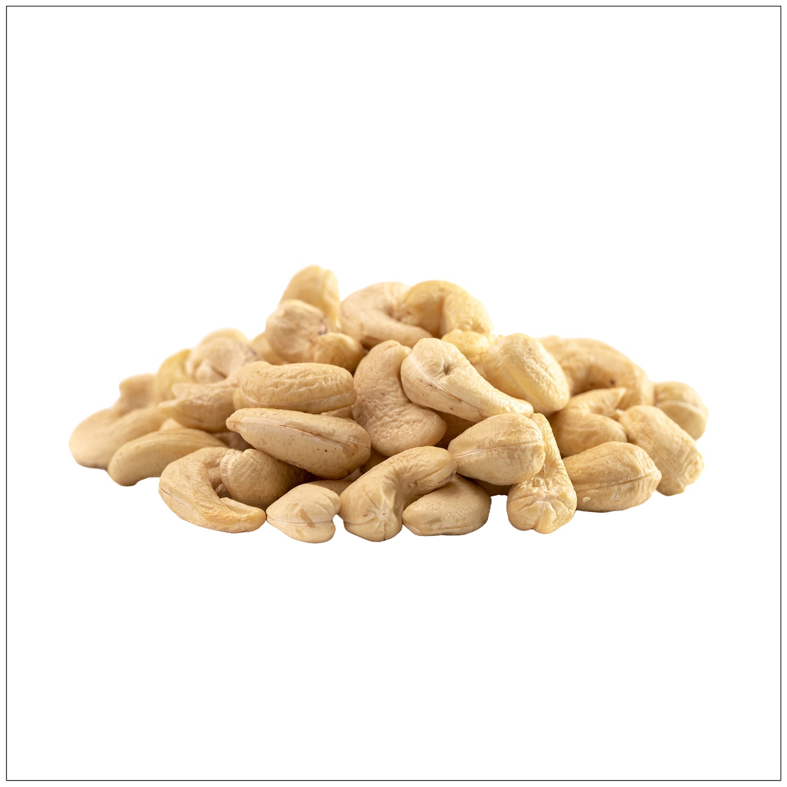 Pile of unsalted dry roasted cashews on a white background