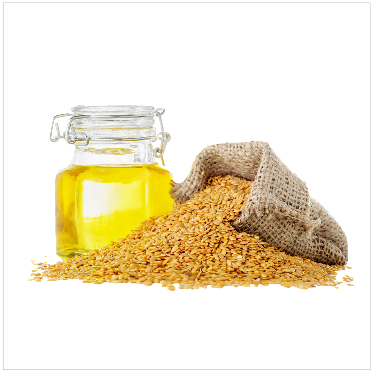 Premium cold-pressed flaxseed oil in glass bottle, rich in omega-3s for heart and skin health.