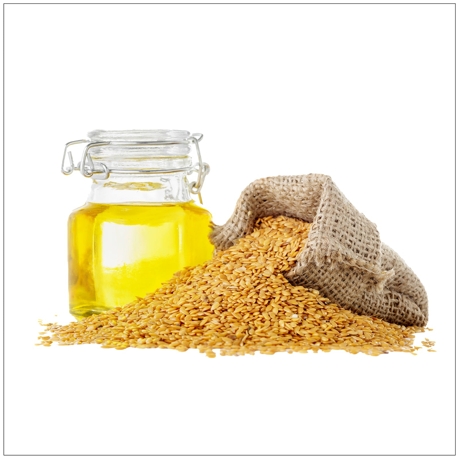 Premium cold-pressed flaxseed oil in glass bottle, rich in omega-3s for heart and skin health.