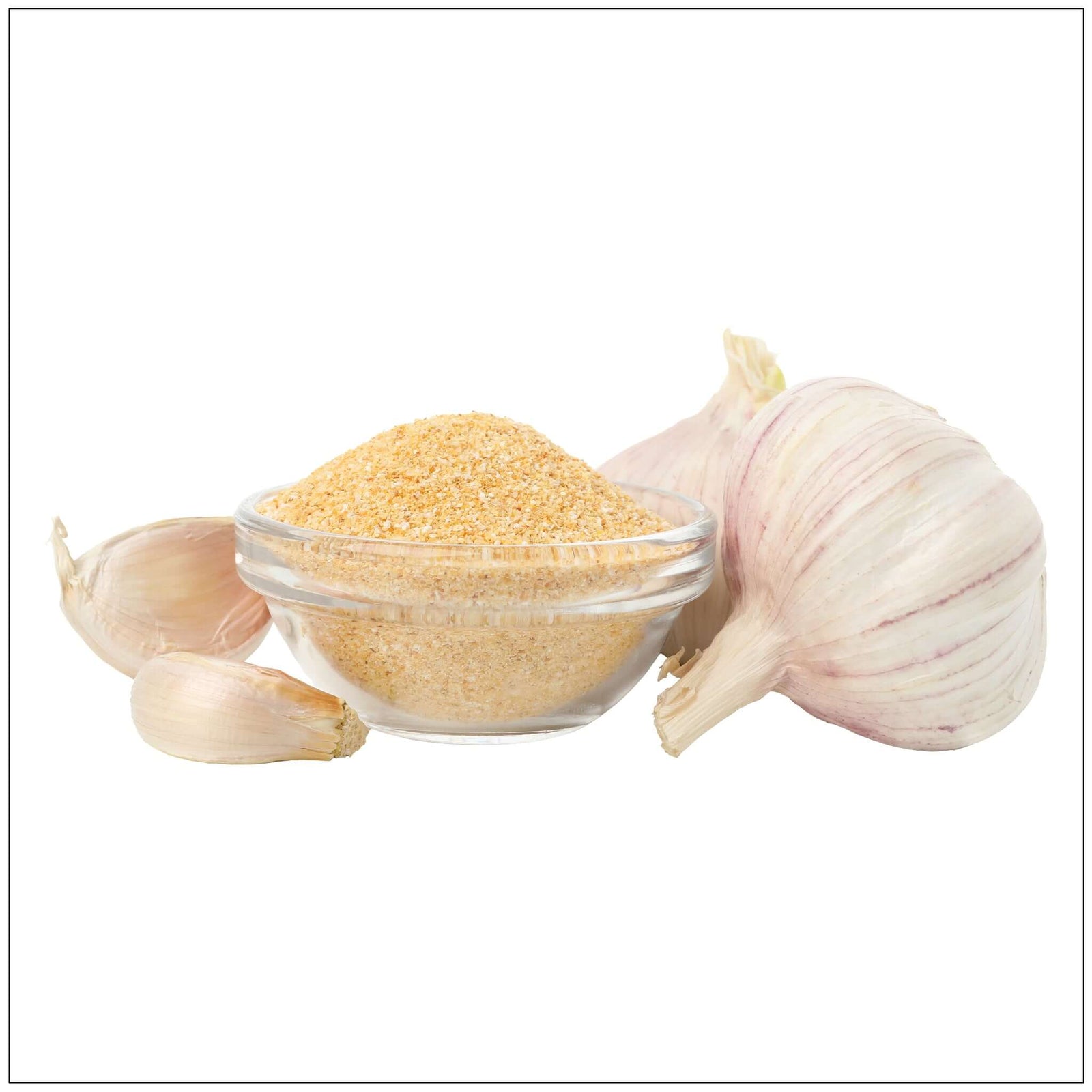 A jar of finely ground garlic powder, perfect for seasoning and cooking.