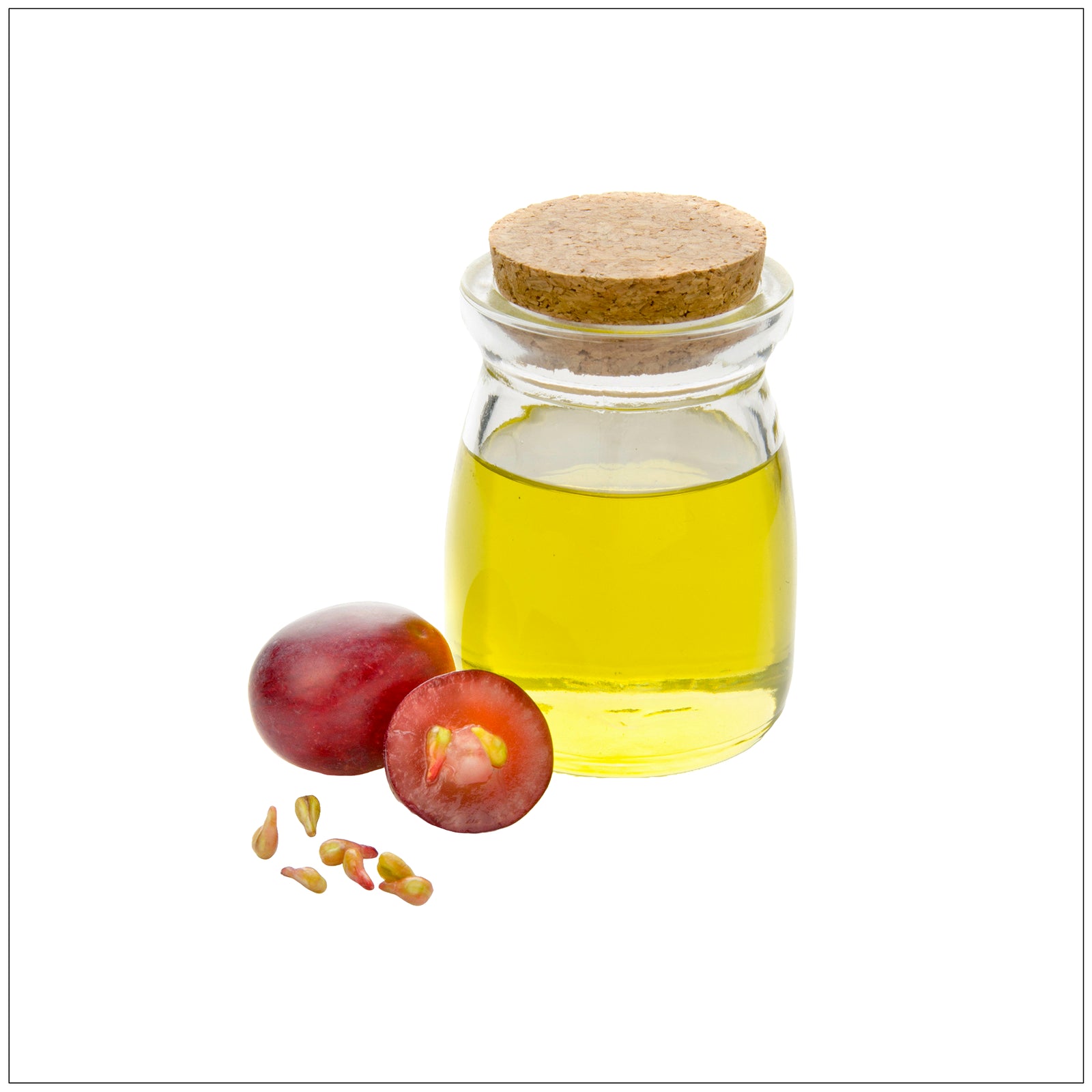 Pure grape seed oil bottle with natural antioxidants, rich in vitamin E and healthy fatty acids for skin and cooking.