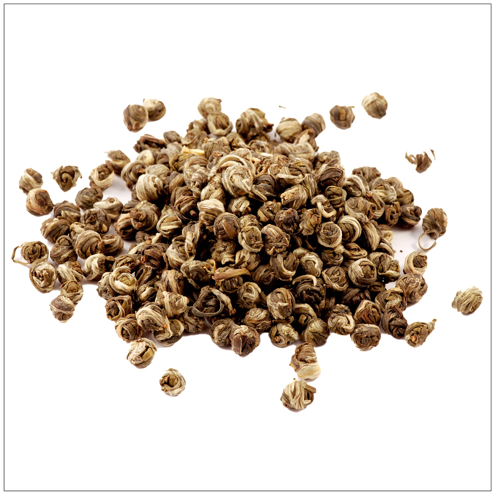 Loose-leaf jasmine pearl tea with aromatic green tea leaves hand-rolled and scented with fresh jasmine blossoms.