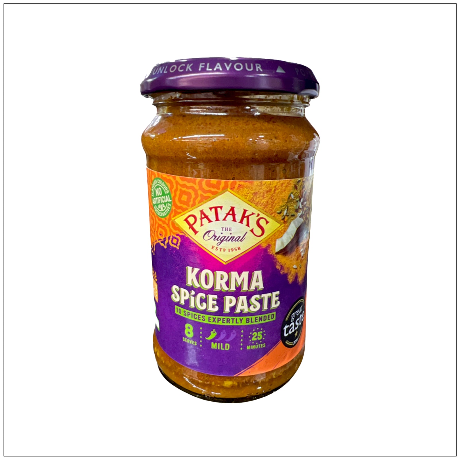 Mild gluten-free Korma spice paste jar perfect for creamy Indian dishes, made with aromatic herbs and spices.