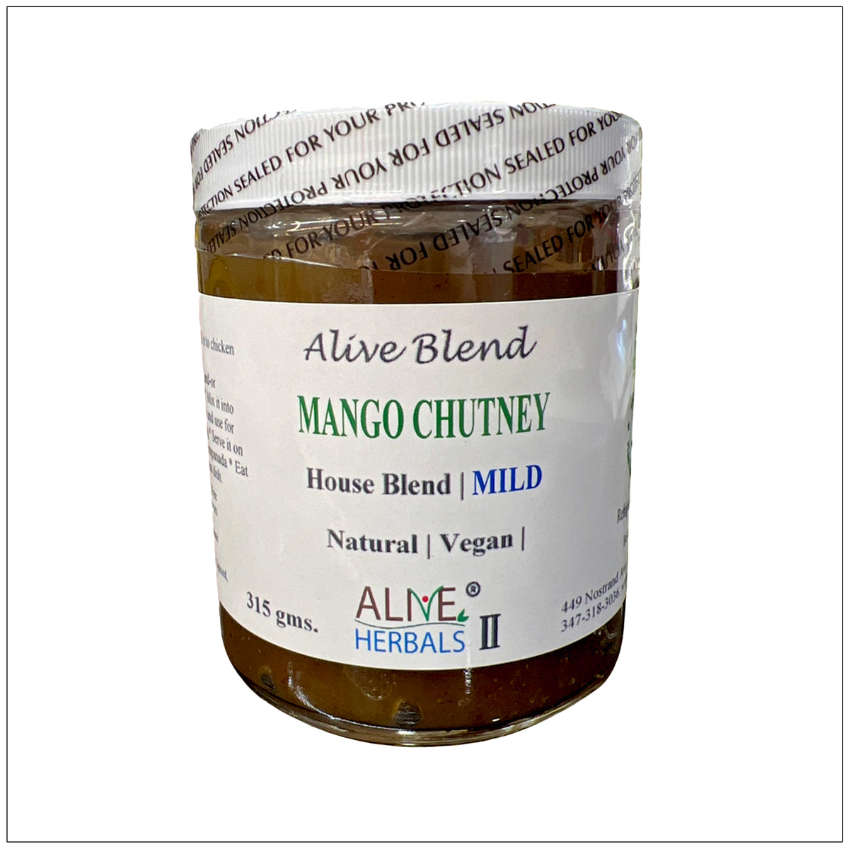 Sweet and tangy Mango Chutney Mild in a glass jar, perfect as a dip or spread for snacks and meals. Buy from the Alive Herbals.