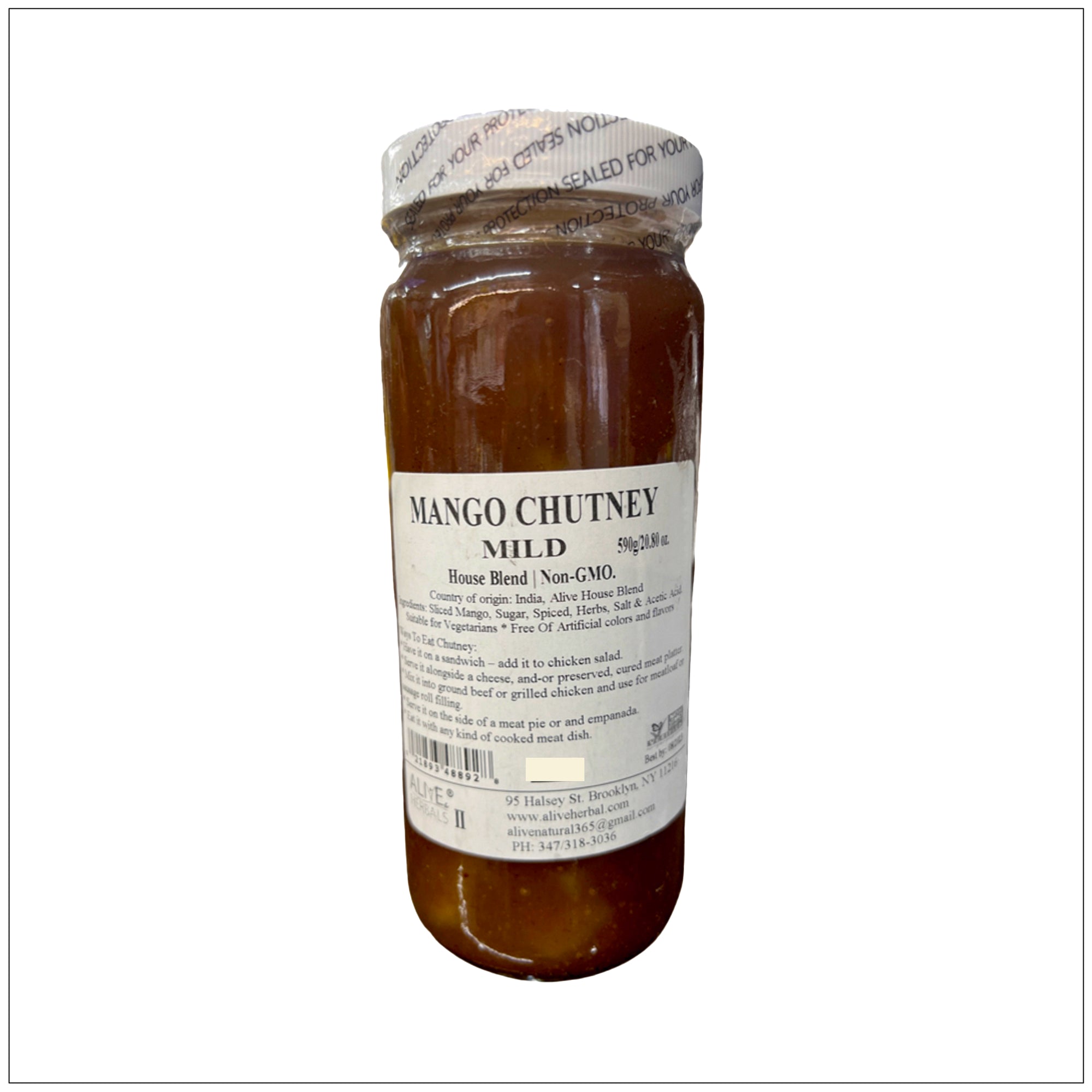 Sweet and tangy Mango Chutney Mild in a glass jar, perfect as a dip or spread for snacks and meals. Buy from the Alive Herbals.