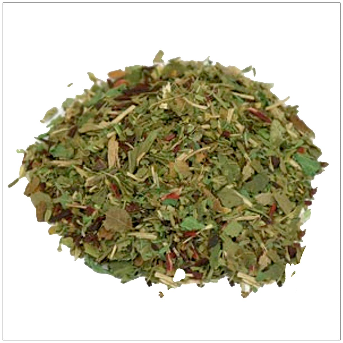 Herbal Memory Tea in a glass cup with fresh leaves, designed to support focus, clarity, and cognitive health.