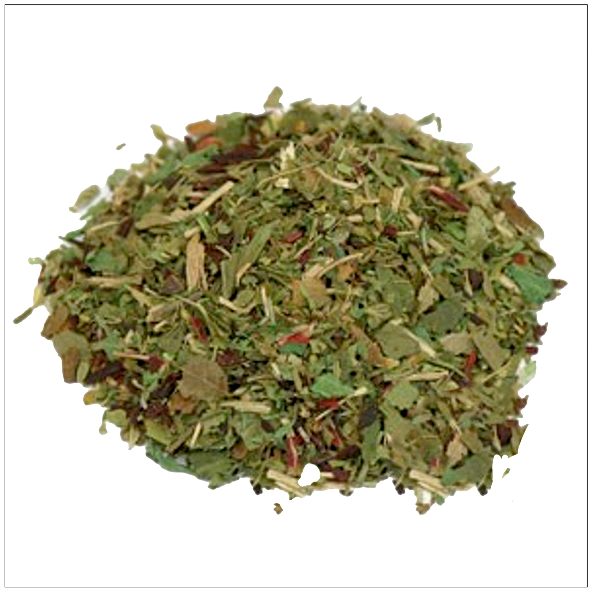 Herbal Memory Tea in a glass cup with fresh leaves, designed to support focus, clarity, and cognitive health.
