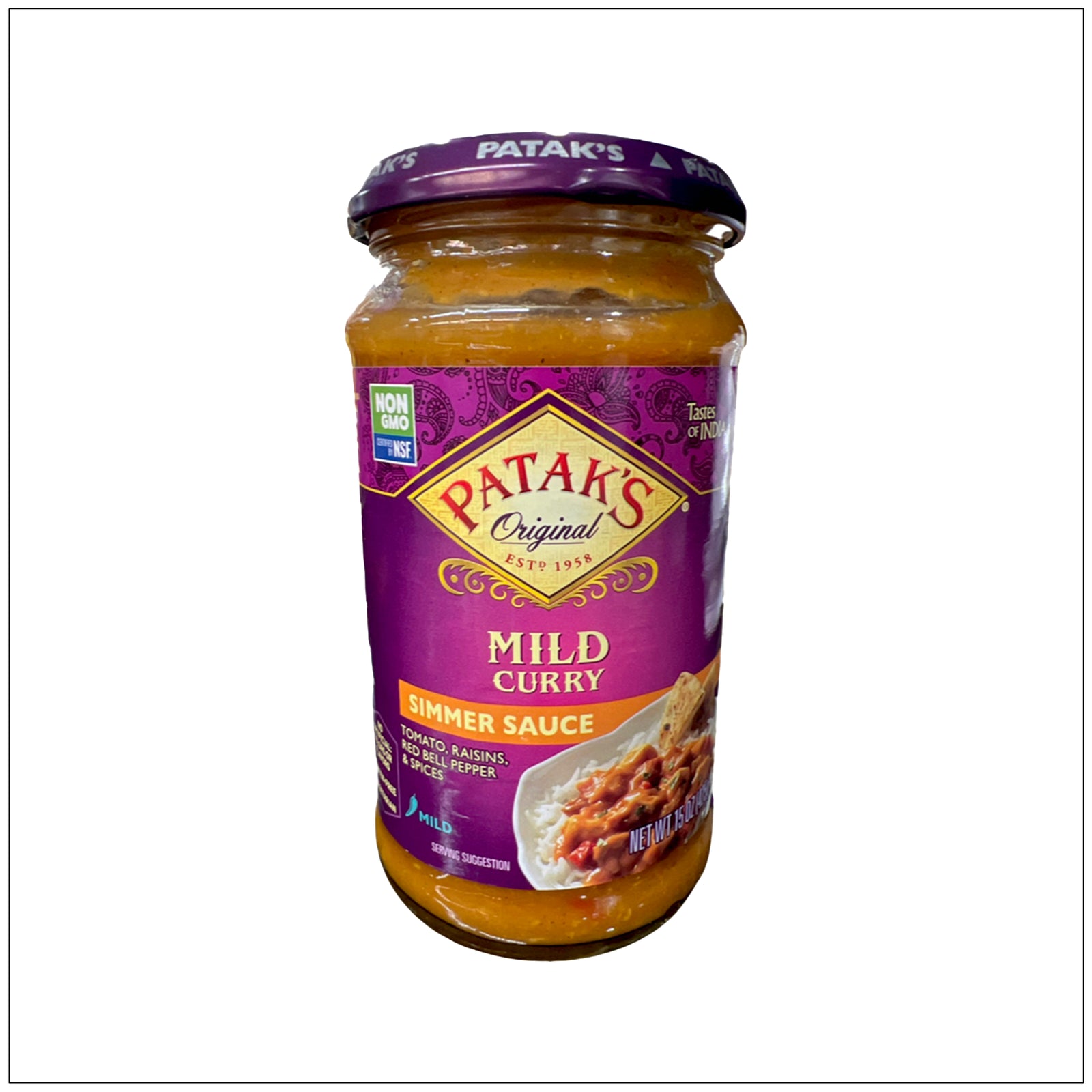 Mild Curry Simmer Sauce bottle with rich, creamy texture perfect for easy homemade Indian-style meals.
