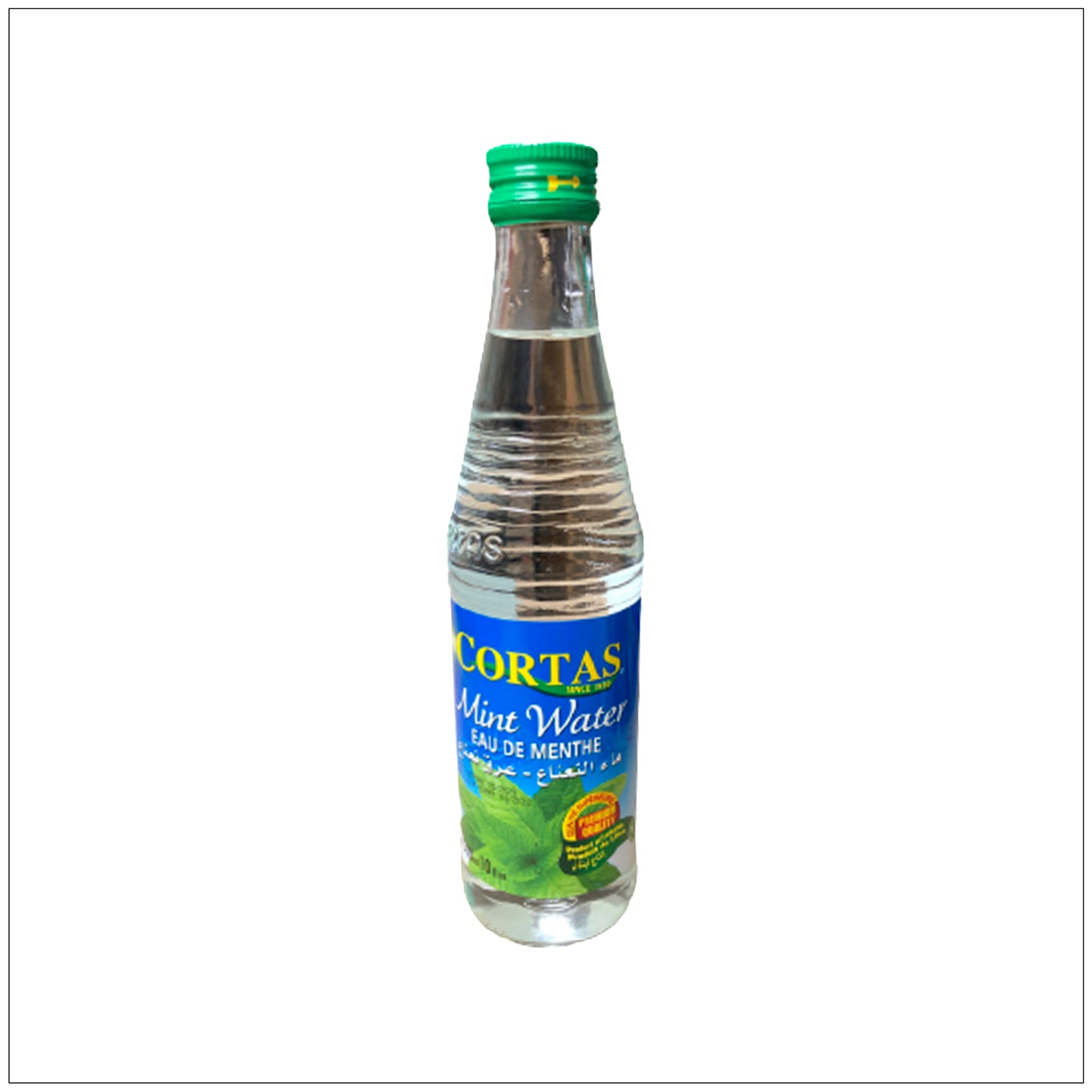 CORTAS Mint Water in a clear glass bottle, perfect for beverages, desserts, and Middle Eastern recipes.