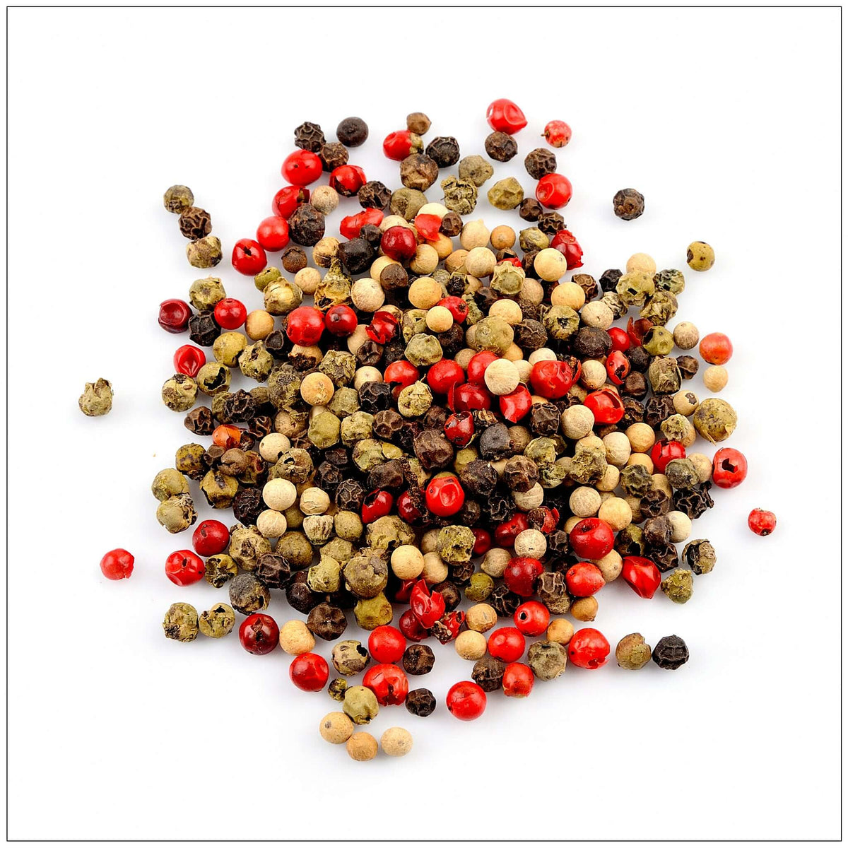 A mix of gourmet peppercorns, including black, white, pink, and green, in a glass jar, perfect for grinding fresh spices at home in the USA